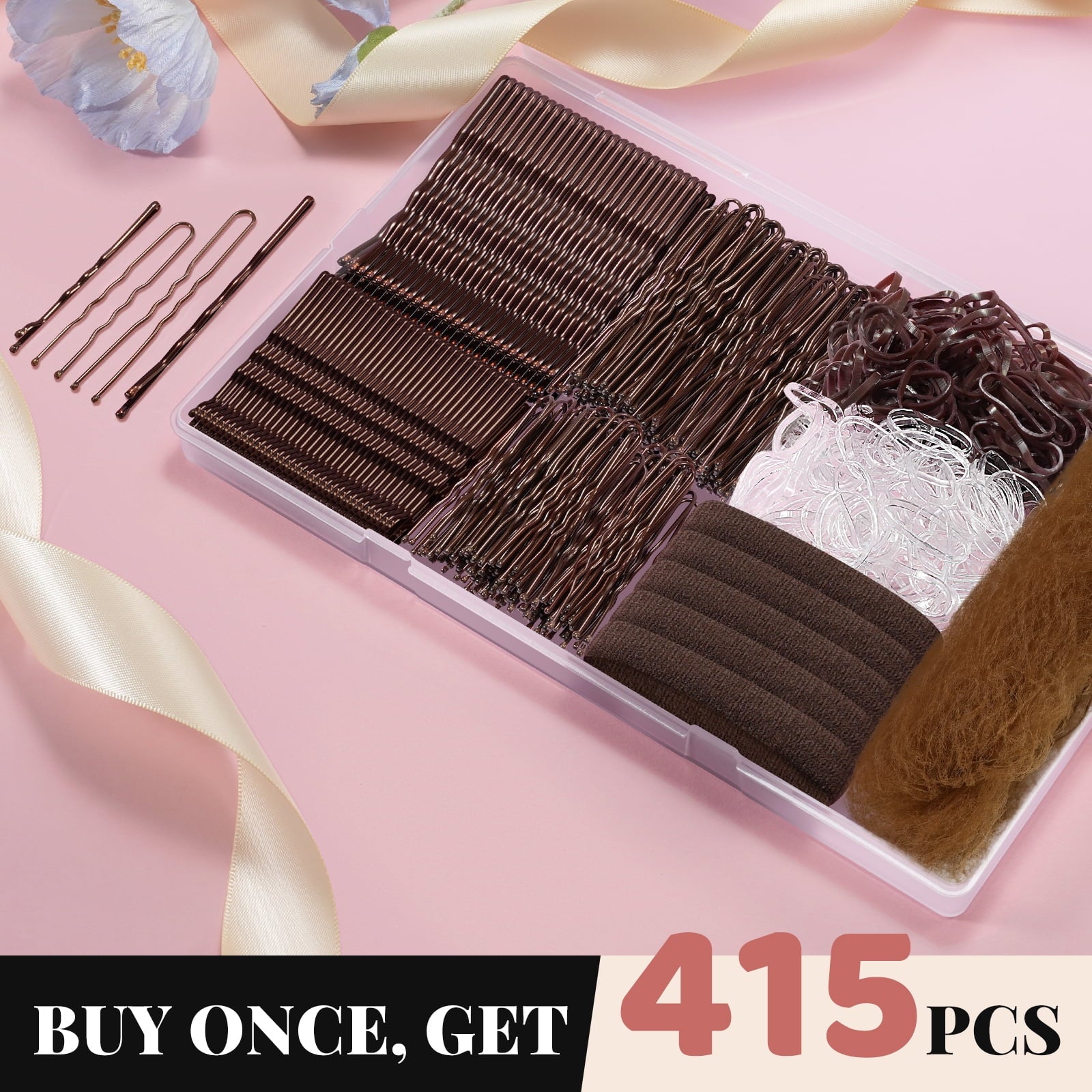 MORGLES 415 Pcs Bobby Pins & Hair Ties Kit, 200 Rubber Bands Brown & Clear 100 Bobby Pins 100 U-Shaped Pins 10 Hair Nets 5 Cotton Ties for B - Image 2