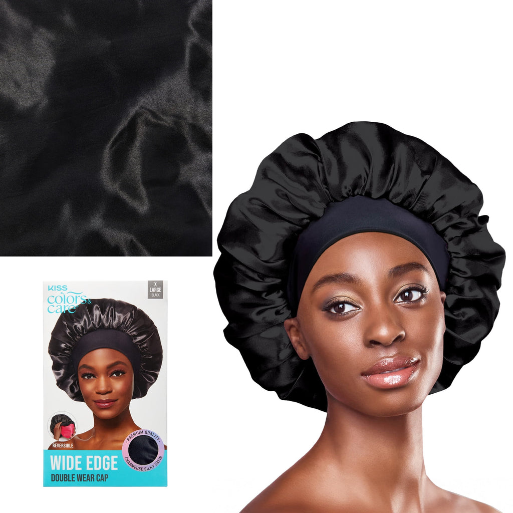 Silky Satin Reversible Hair Bonnet Cap, Wide Edge, XL, Black - Image 2