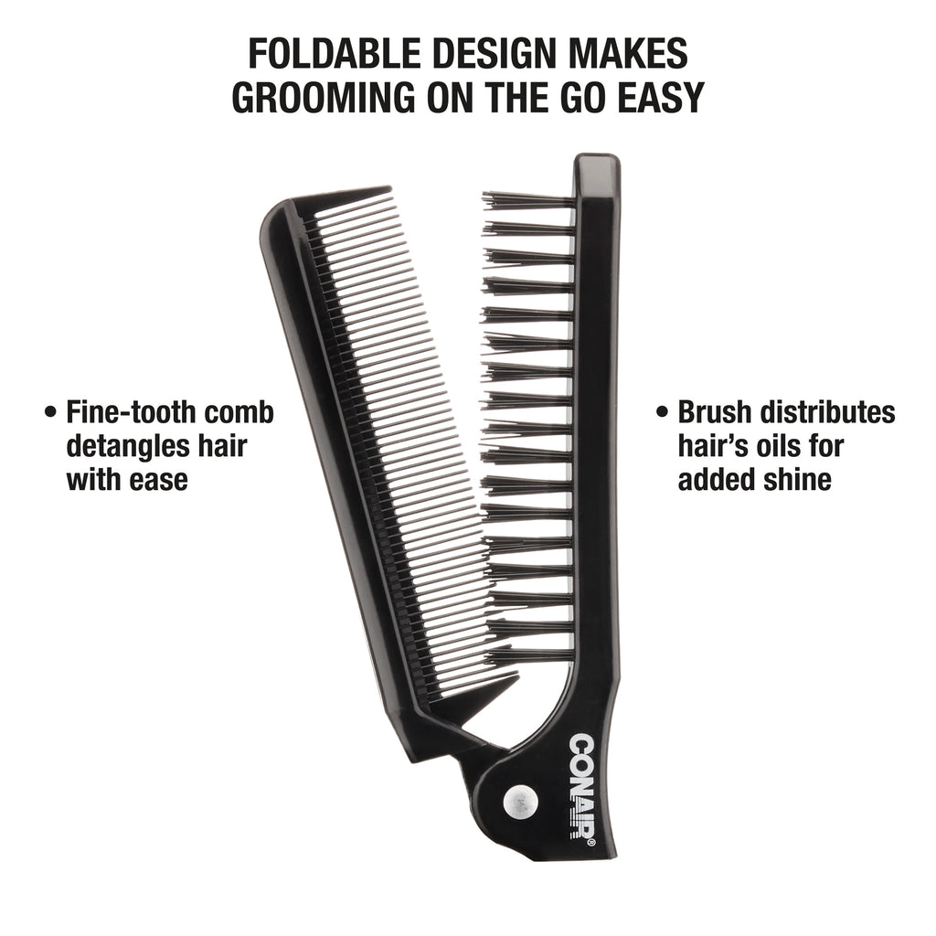 Conair Man 2-in-1 Foldable Detangling Brush and Fine Tooth Comb Compact Styler, Black - Image 4