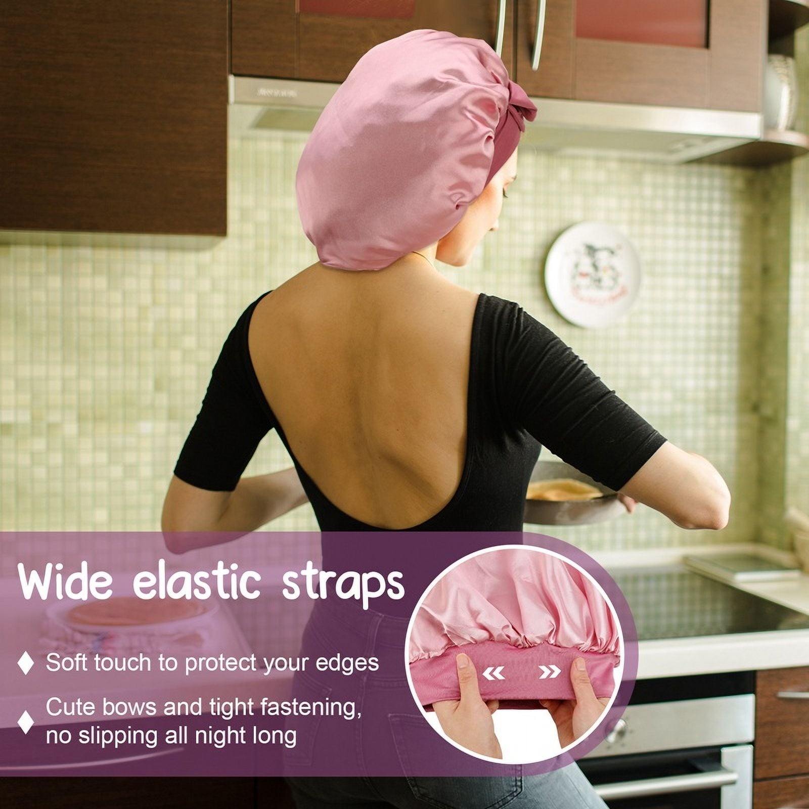 2 Pack Satin Bonnet, Silk Bonnet for Sleeping Women, Silk Sleep Cap Double Layer, Ajustable Hair Bonnet with Tie Band for Women Curly Hair - Image 5