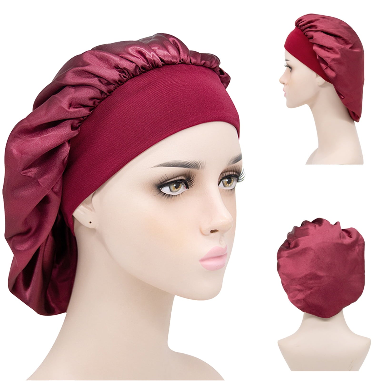 Sleep Hat Wide Headband Elastic Satin Stretchy Hair Bonnet Hat for Woman Brown One Size - Image 5