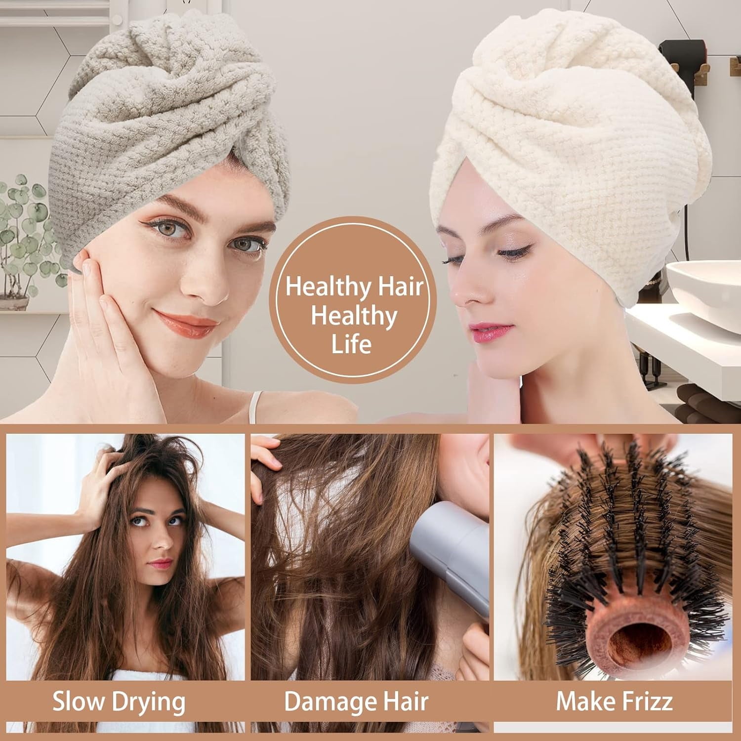 3 PCS Microfiber Hair Towel - Wraps for Wet Hair, Anti Frizz Turbans, for Curly Hair (Pink, Blue, Grey) - Image 5
