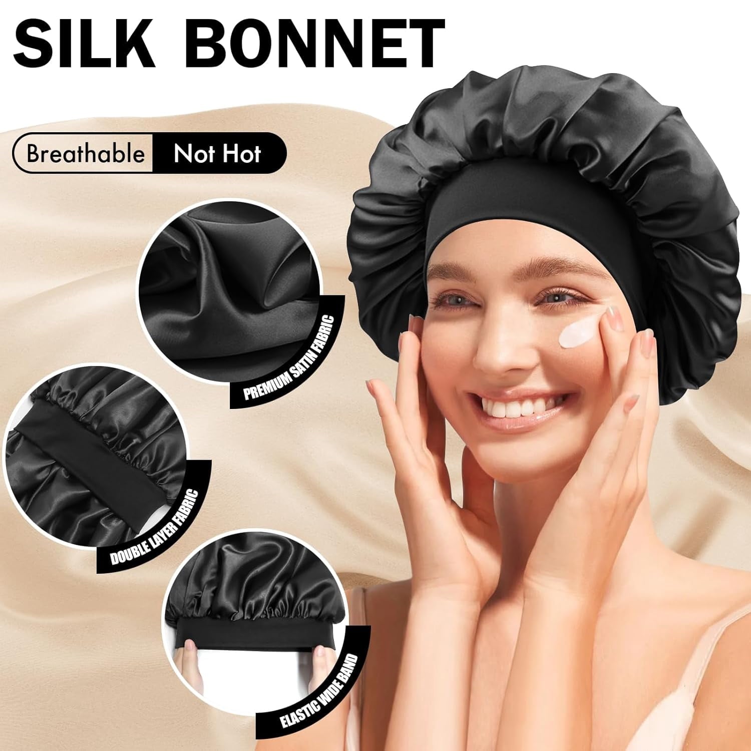 Satin Silk Bonnet for Sleeping, Double Layer Silk Sleep Cap for Men & Women, Soft Satin Lined Bonnet for Natural & Curly Hair - Image 3