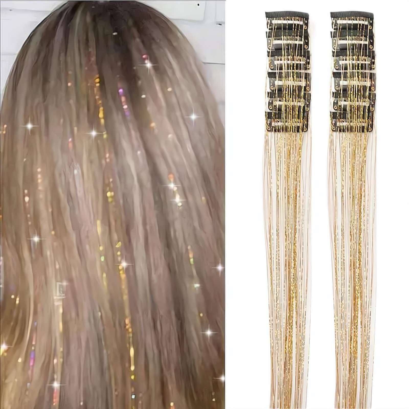 12 Pcs Synthetic Fiber Clip-in Hair Tinsel, Sparkly Glitter Hair Extensions for Christmas & New Year, Fairy Hair Acce...