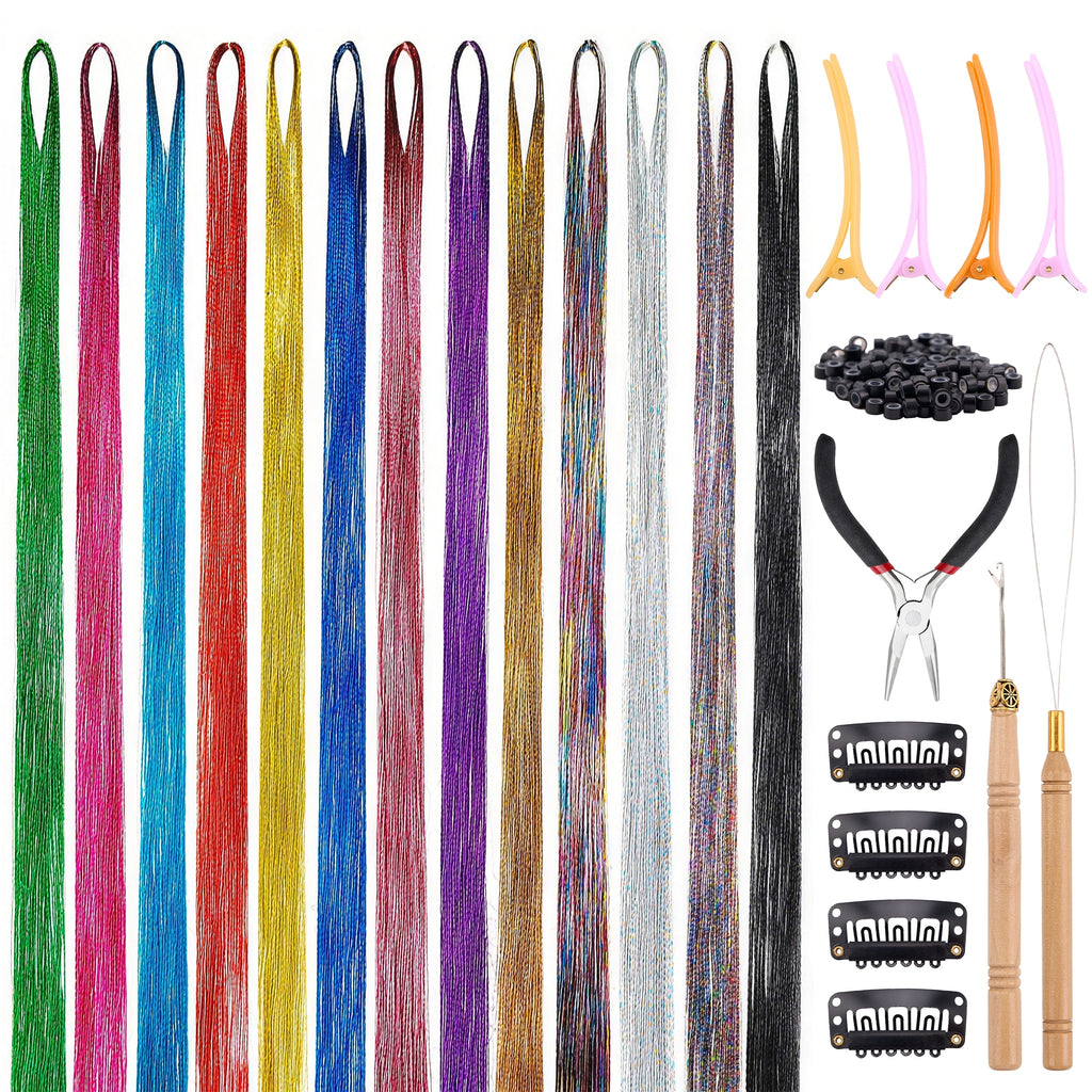 13 Colors Hair Tinsel Kit, 48 Inch 6600 Strands Glitter Fairy Hair Tinsel Extensions with Tools, Heat Resistant Holographic Hair Accessories
