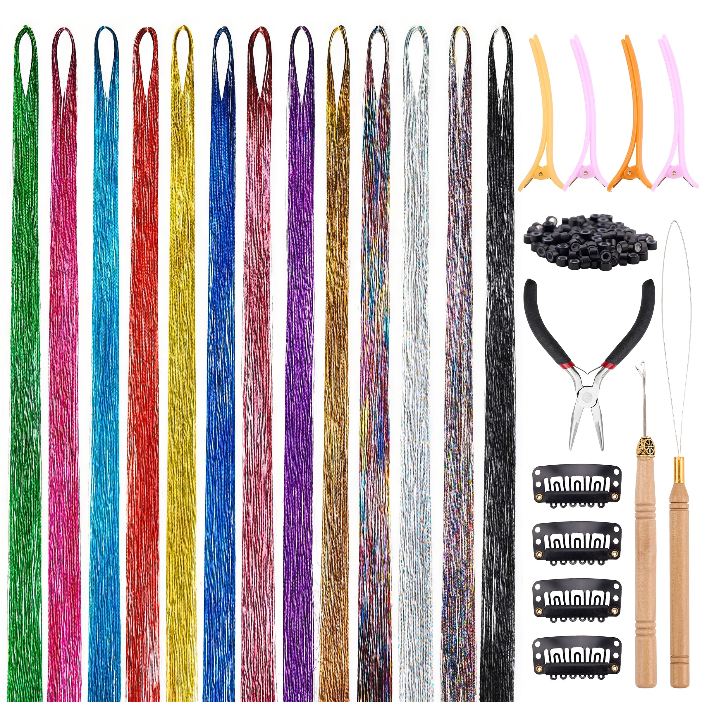 13 Colors Hair Tinsel Kit, 48 Inch 6600 Strands Glitter Fairy Hair Tinsel Extensions with Tools, Heat Resistant Holographic Hair Accessories