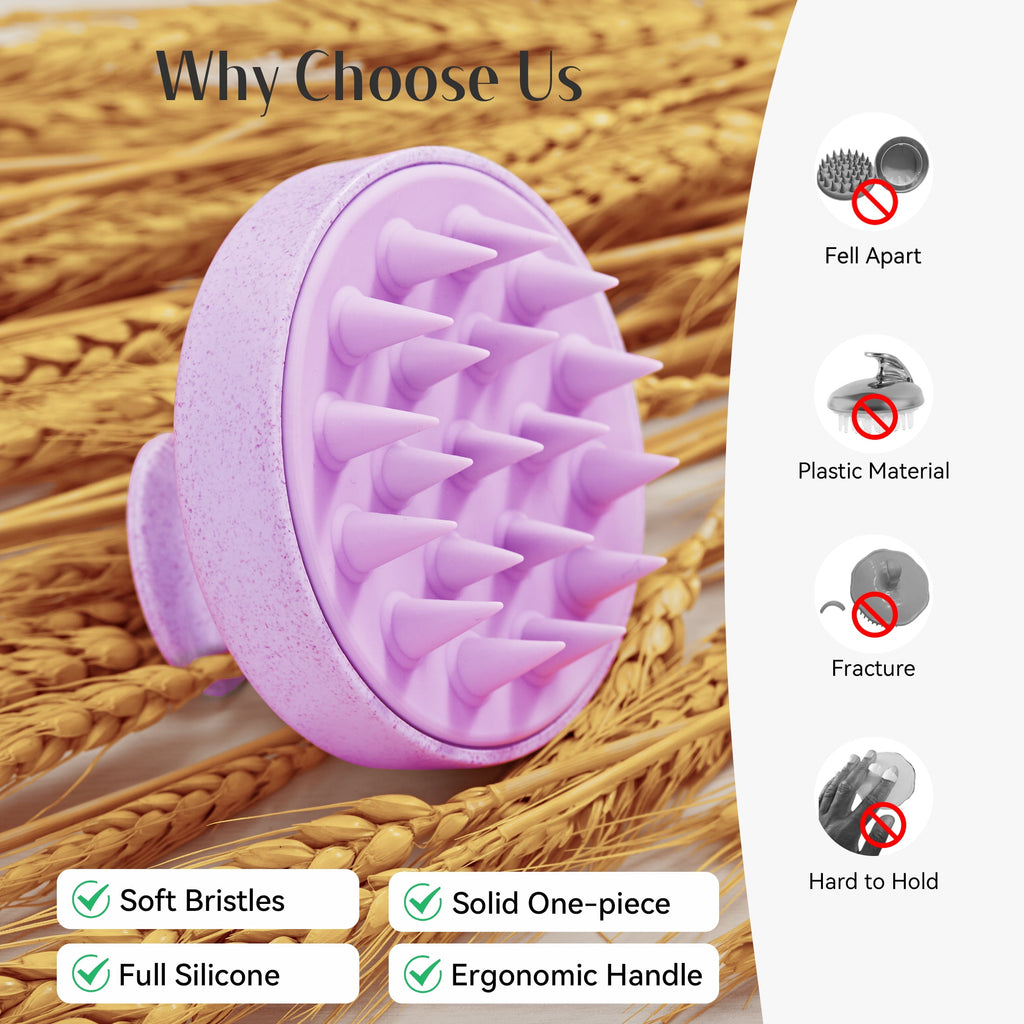 Hair Growth, Soft Silicone Scrubber Shampoo Brush for Exfoliation, Dandruff Removal, Wet & Dry Use, Wheat Straw Purple - Image 4