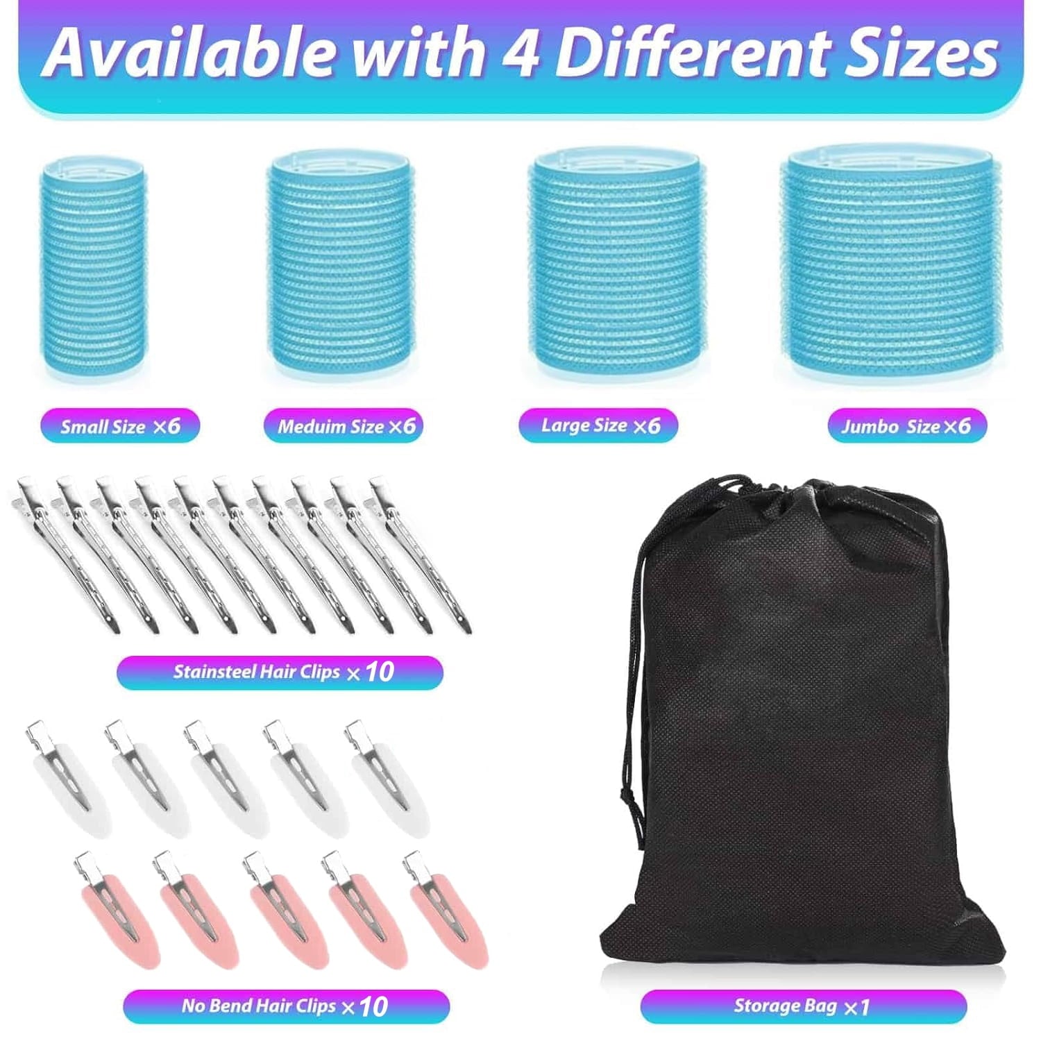 MRSXXNTY Rollers Hair Curlers 44 Pcs Set with 24Pcs Hair Rollers 4 Sizes (6 Jumbo Rollers/6 Large Rollers/6 Medium Rollers/6 Small Rollers) - Image 4