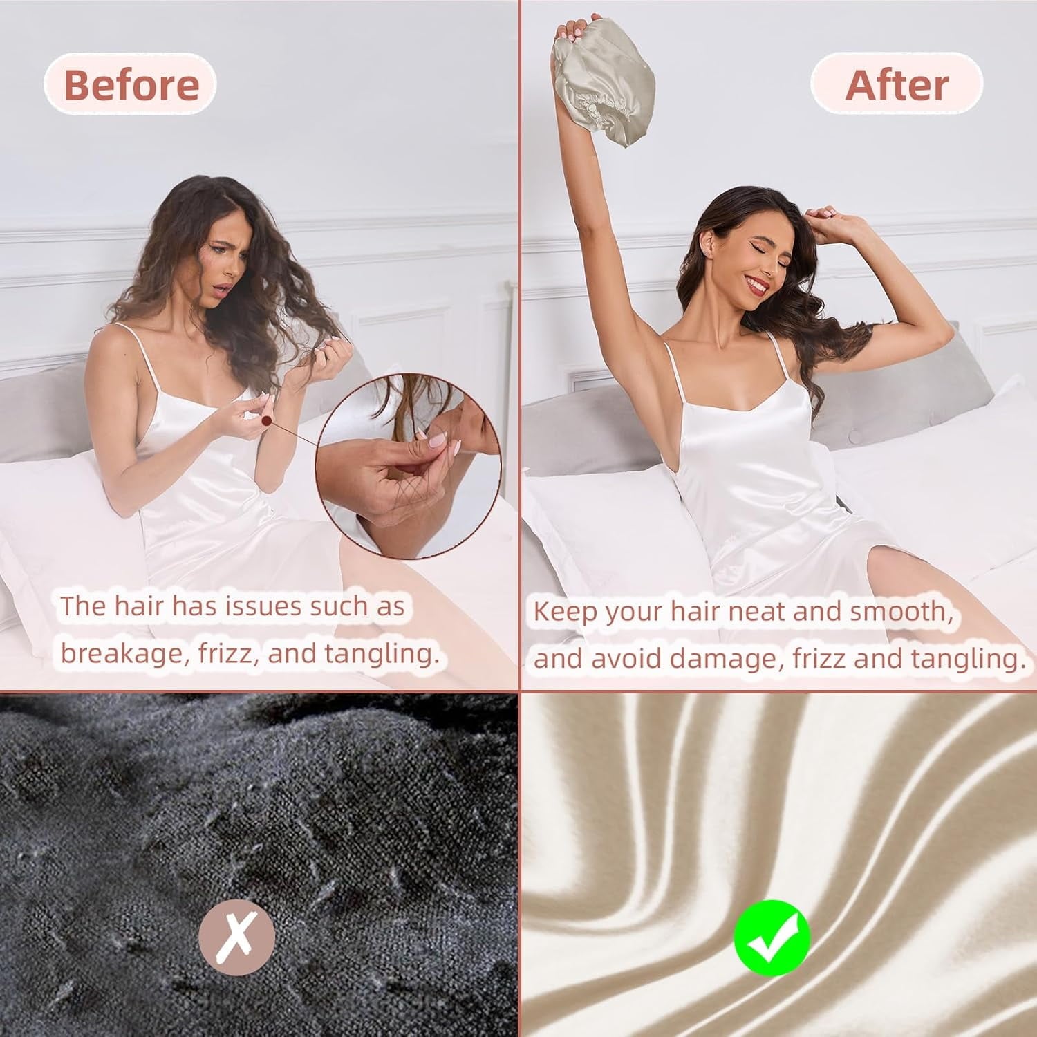 Adjustable Double Layer Silk Satin Sleeping Hair Bet, Champagne, Large - Image 4
