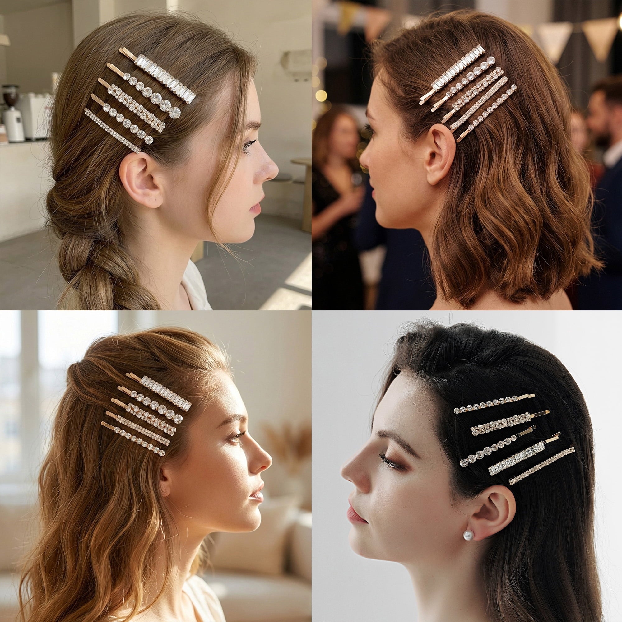 Miallo 5-Piece Gold Rhinestone Bobby Pin Set, Sparkling Baguette and Round Crystal Hair Clips for Women, Elegant Accessory for Wedding, Part - Image 2