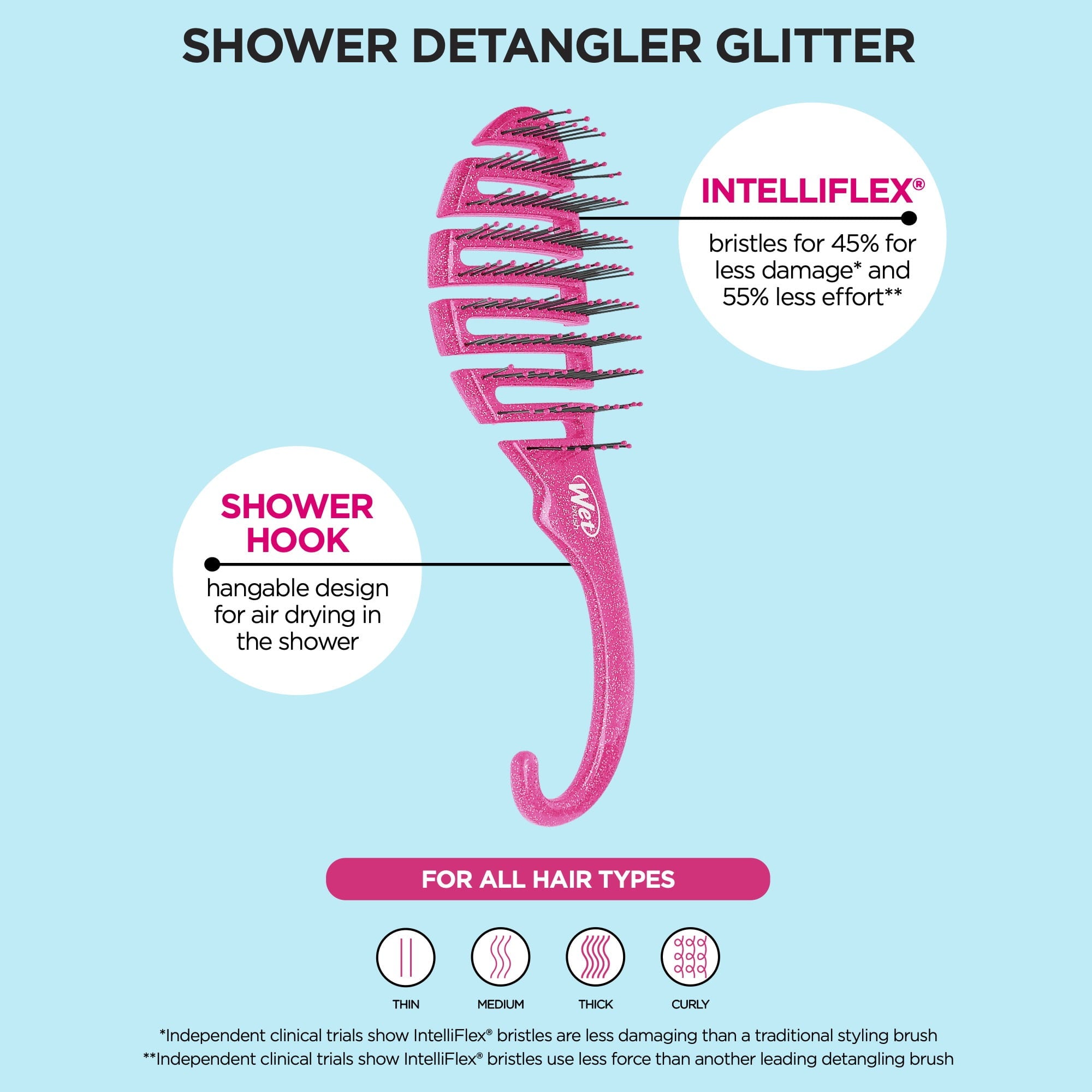 Wet Brush Hair Detangler, Pink Glitter, Soft Bristle Hair Brush for All Hair Types, 1 Ct - Image 3