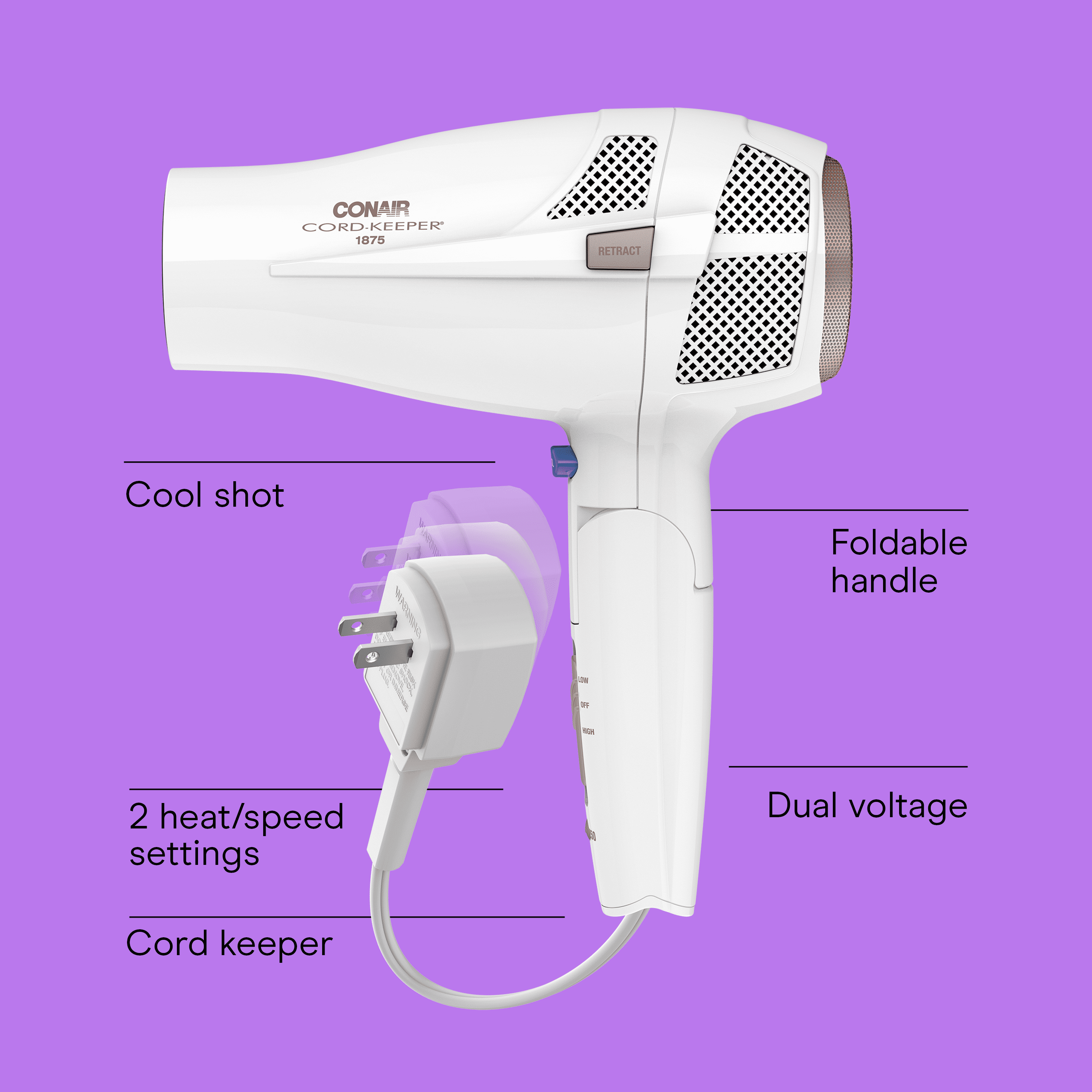 Ceramic Travel Hair Dryer, 1875 Watts, Dual Voltage, Folding Handle - Image 2