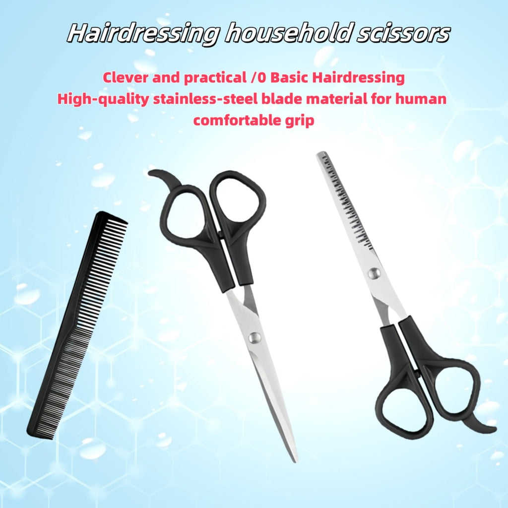 Hair Cutting Scissors Set 3pcs (Straight+Thinning+Comb) Stainless Steel Home Grooming - Image 2