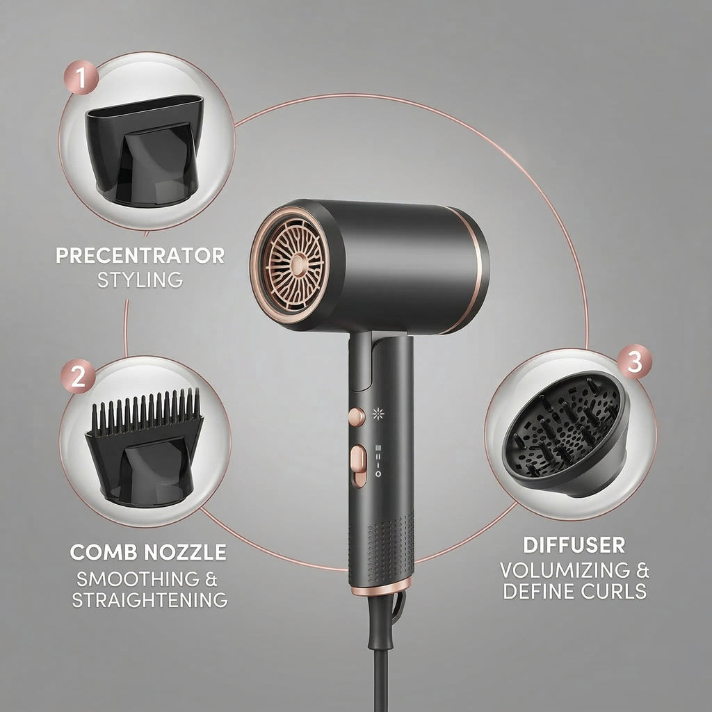 Professional Ionic Hair Dryer, Powerful 1600W & 3 Heat Settings Fast Drying Low Noise Blow Dryer with 2 Concentrator Nozzle 1 Diffuser Attac - Image 6