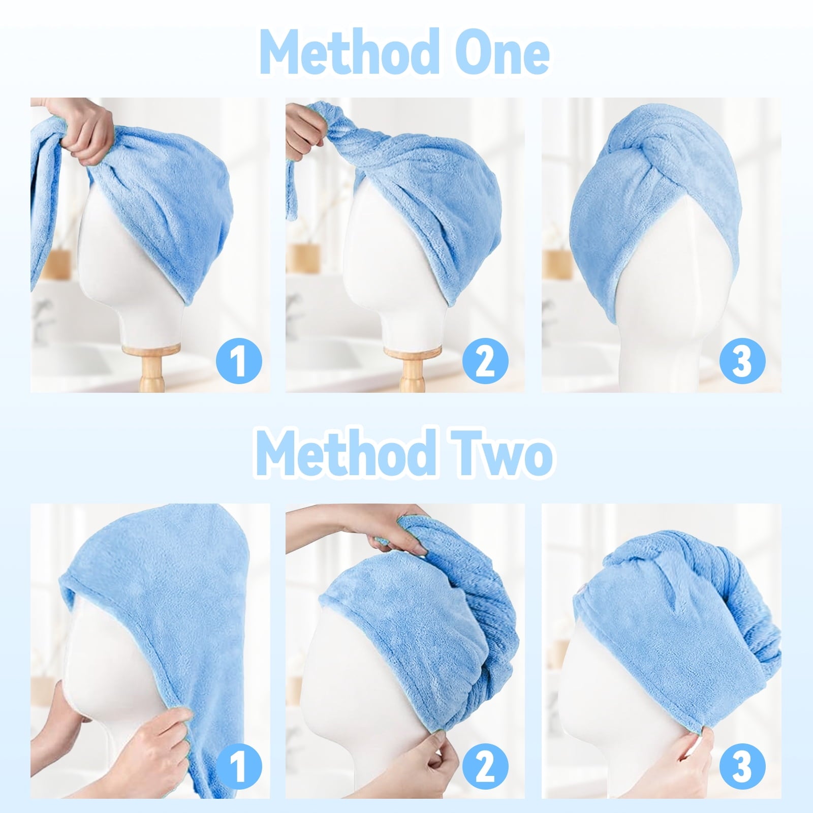 3 Microfiber Hair Towel, Hair Turbans for Wet Hair, Drying Hair Wrap Towels for Curly Hair Women Anti Frizz (Blue,Gre... - Image 6