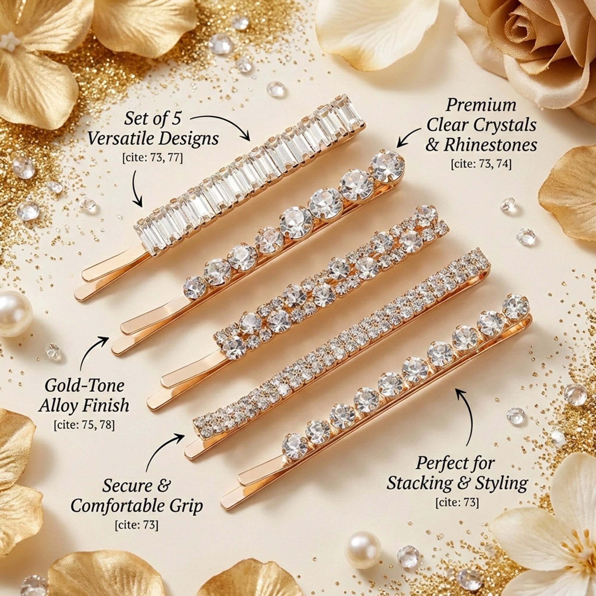 Miallo 5-Piece Gold Rhinestone Bobby Pin Set, Sparkling Baguette and Round Crystal Hair Clips for Women, Elegant Accessory for Wedding, Part - Image 5