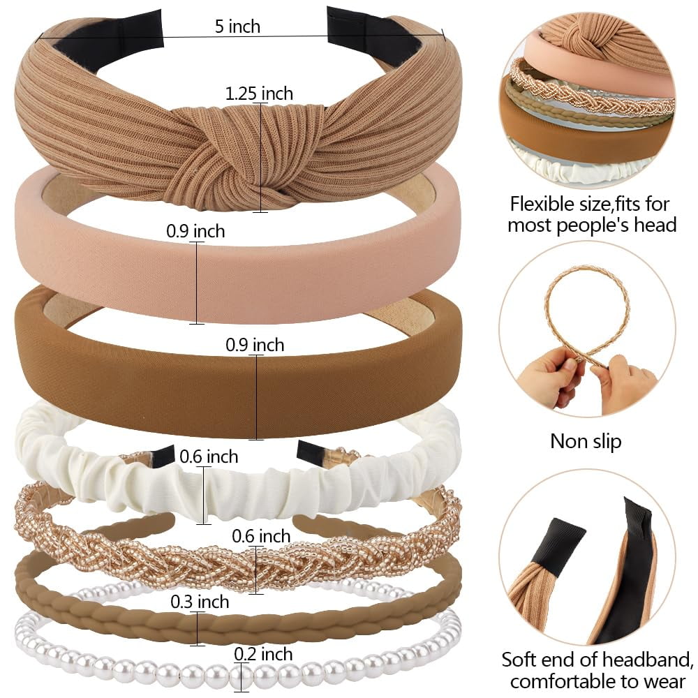 7 Pack Headbands for Women Girls Headbands Trendy Brown Knotted Solid Head Bands Pearl Headband Non Slip Hairbands Cu... - Image 5