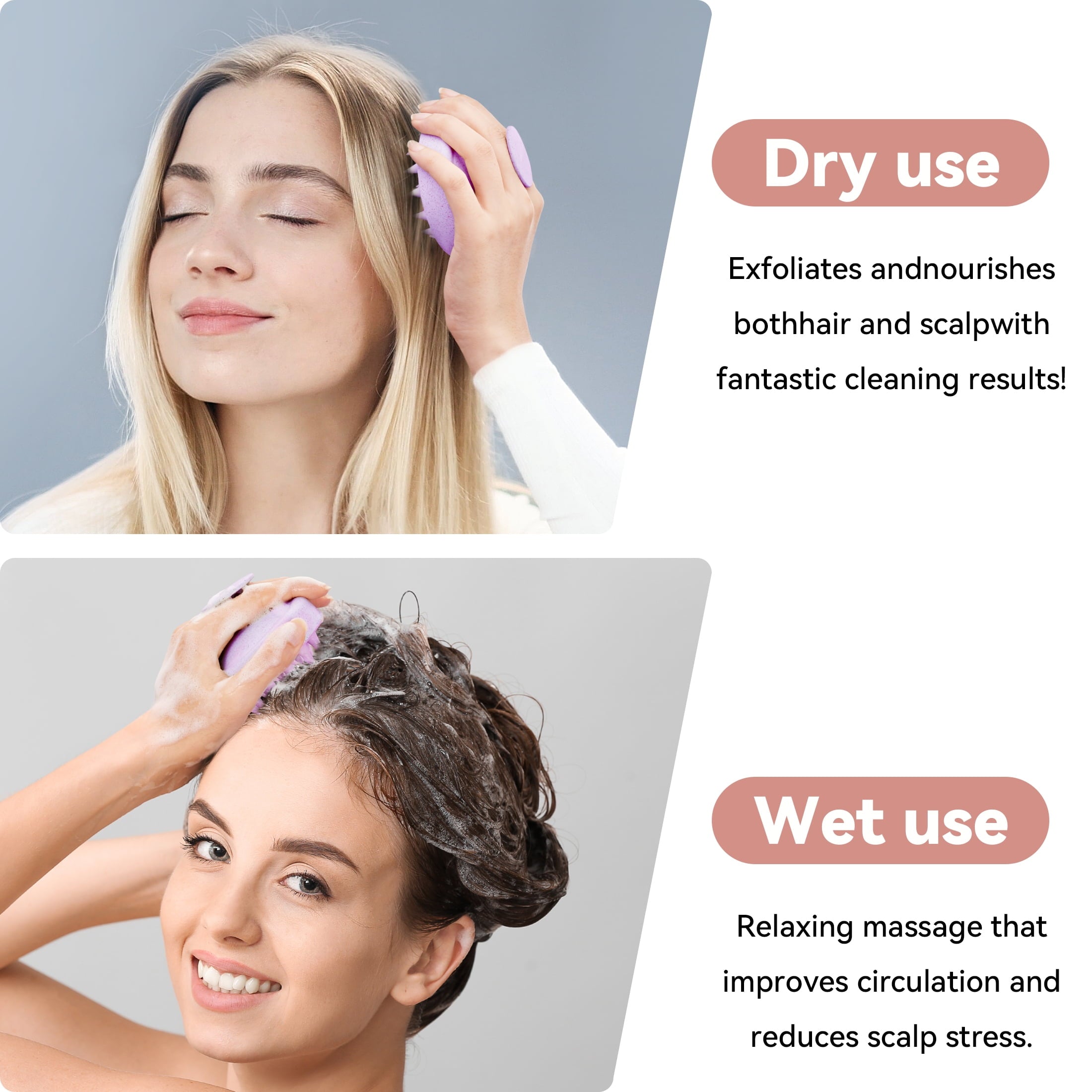 Hair Growth, Soft Silicone Scrubber Shampoo Brush for Exfoliation, Dandruff Removal, Wet & Dry Use, Wheat Straw Purple - Image 3