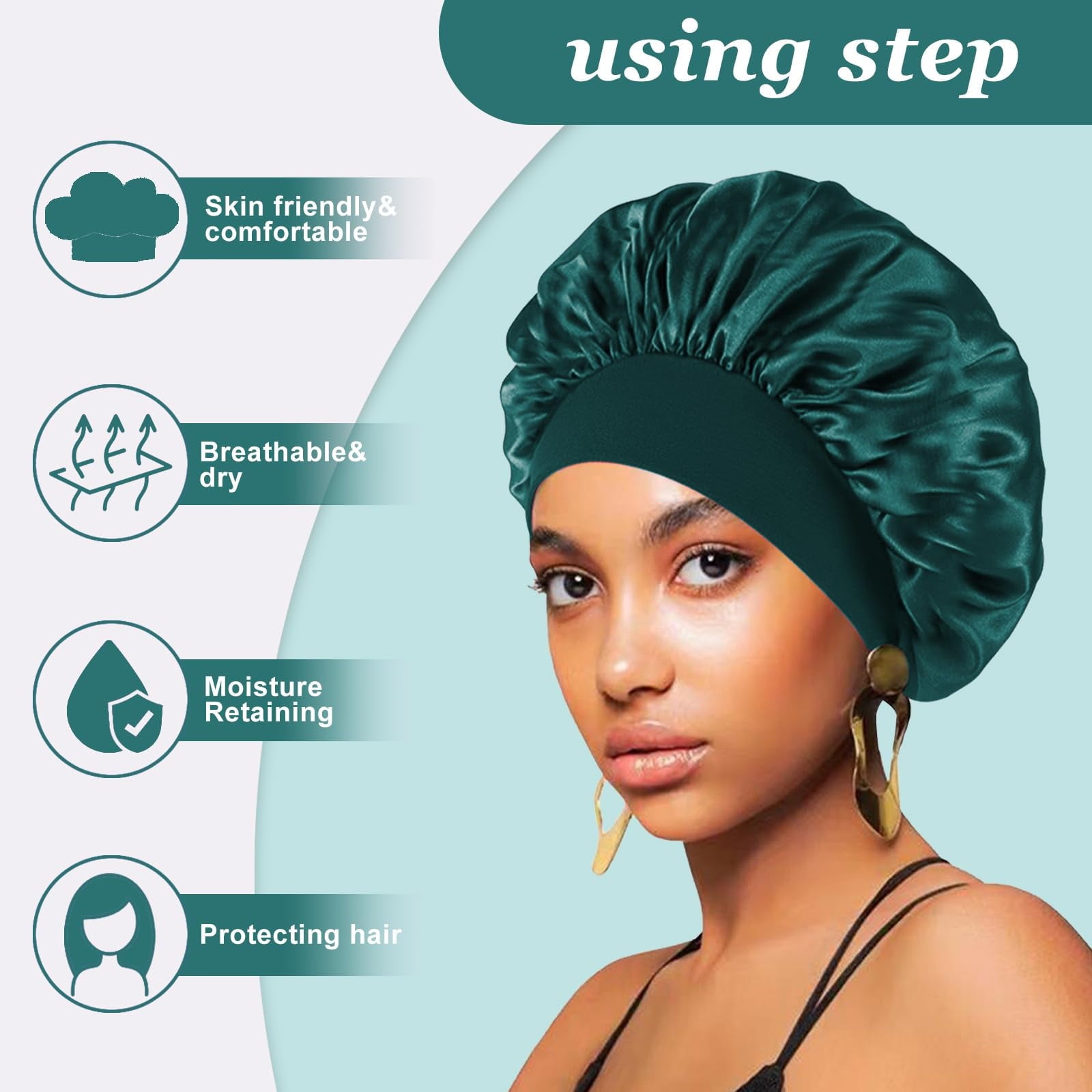 Bets for Black Women - Elastic Wide Band Hair Wrap Cap for Curly Hair - Shower Cap for Sleeping (Black, Peacock Blue,... - Image 3
