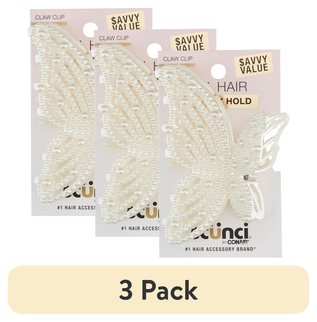 (3 pack) Scunci Faux Pearl Butterfly Claw Clip, Pearl, 1 Count