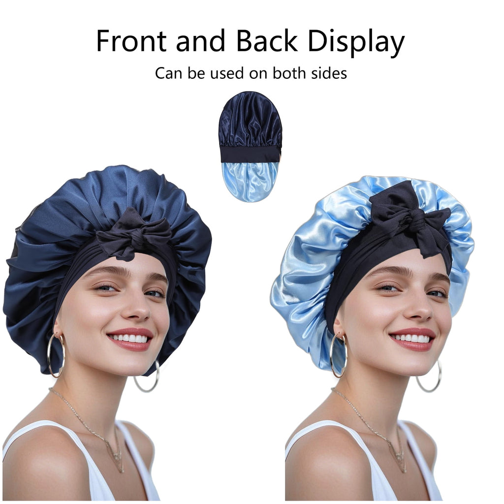 Satin Bonnet Silk Bonnet for Sleeping Silk Sleep Cap Double Layer Hair Bonnet with Elastic Tie Band for Curly Hair Night Cap - Image 2