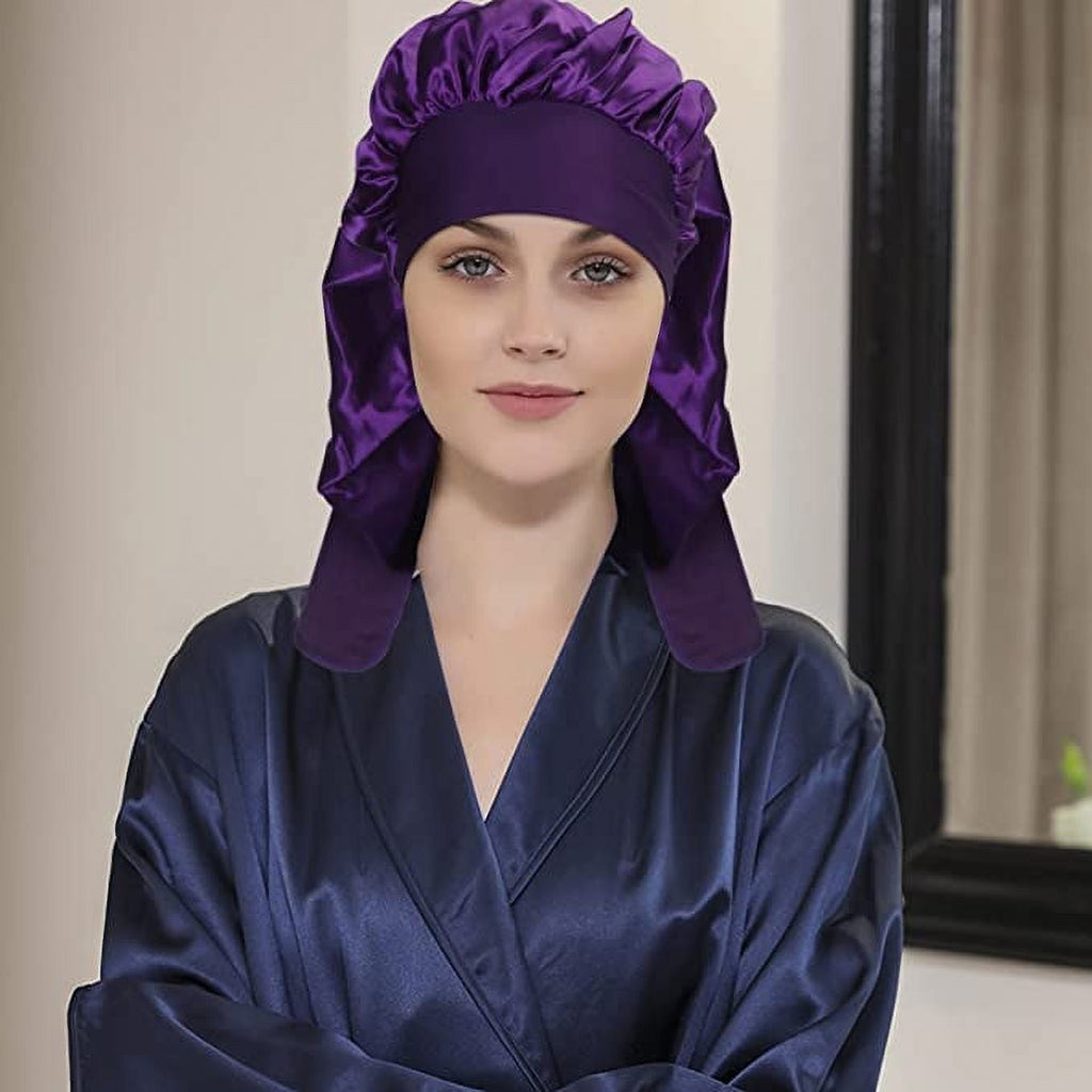 [Pack of 2 Satin Sleeping Bonnet, Large Satin Sleep Bonnet with Long Strap, Adjustable Sleep Cap Hair Bonnet for Women & Men, Black+Purple - Image 4