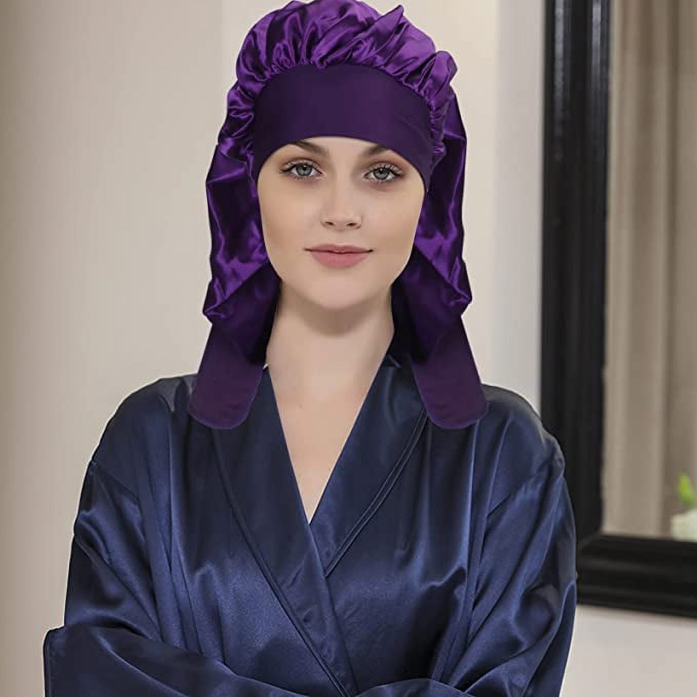 [Pack of 2 Satin Sleeping Bonnet, Large Satin Sleep Bonnet with Long Strap, Adjustable Sleep Cap Hair Bonnet for Women & Men, Black+Purple - Image 4