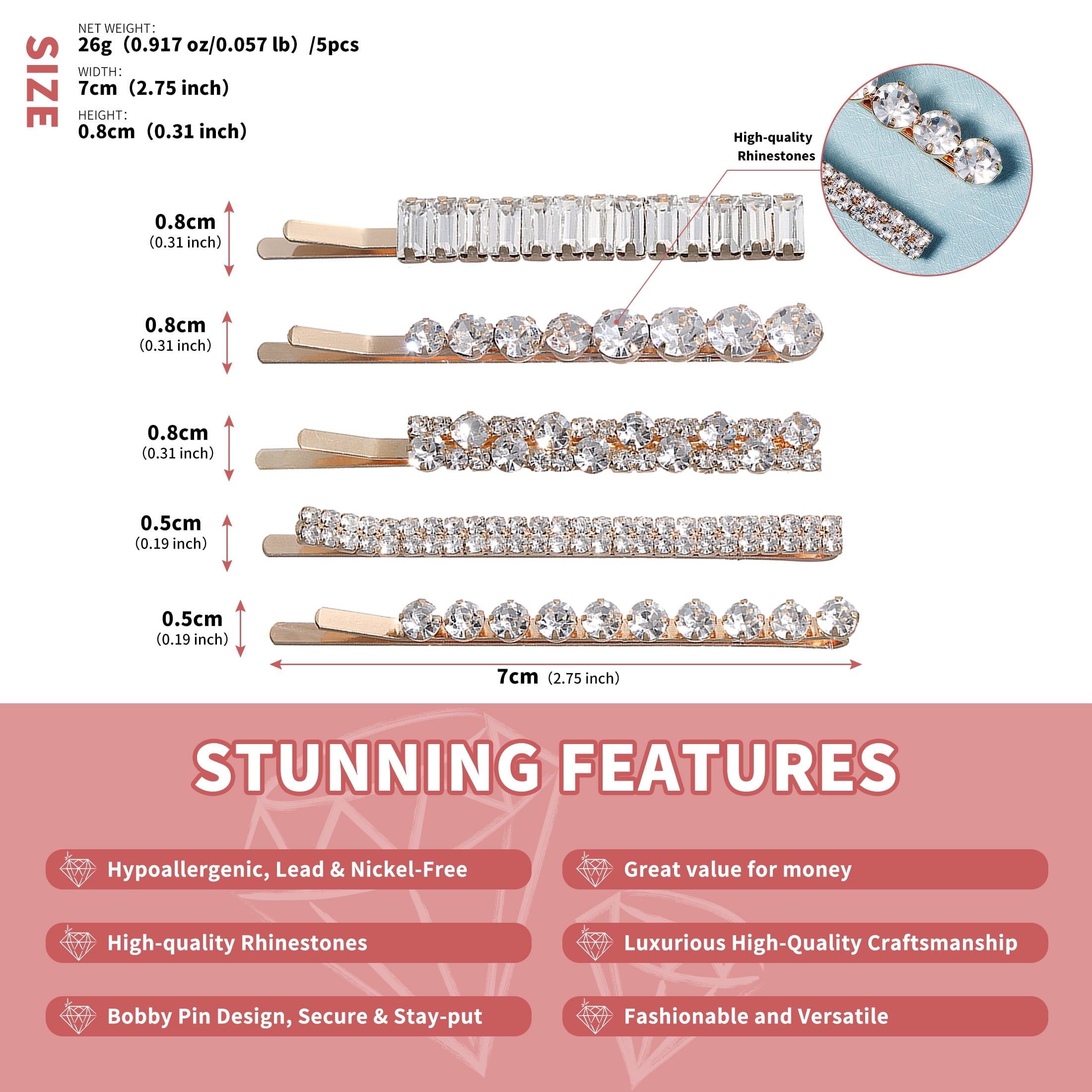 Miallo 5-Piece Gold Rhinestone Bobby Pin Set, Sparkling Baguette and Round Crystal Hair Clips for Women, Elegant Accessory for Wedding, Part - Image 3
