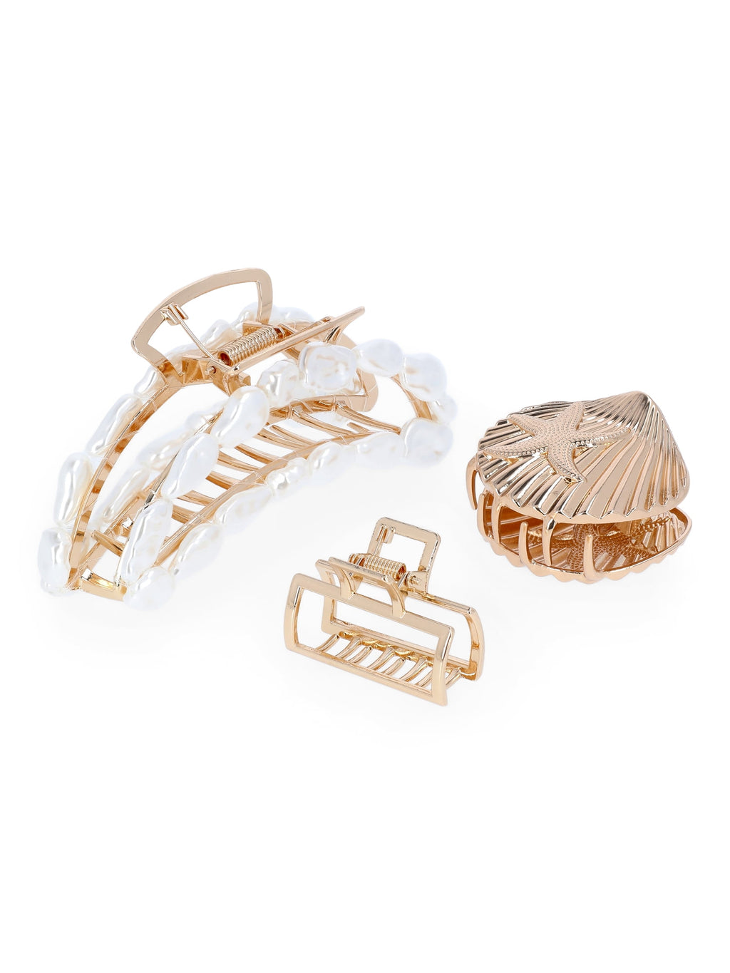 Time and Tru Women's Gold Tone Metal Claw Clip Set with Faux Pearl Embellishments, 3-Piece
