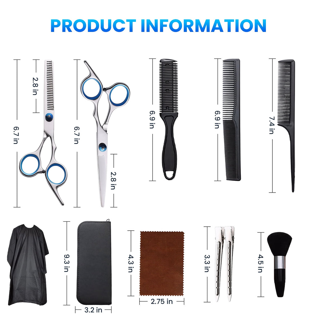 Set - 11 Pcs Professional Stainless Barber dressing Shears Kit with Barber Cape, Kit for Women Men Kids Pet (Silver) - Image 3