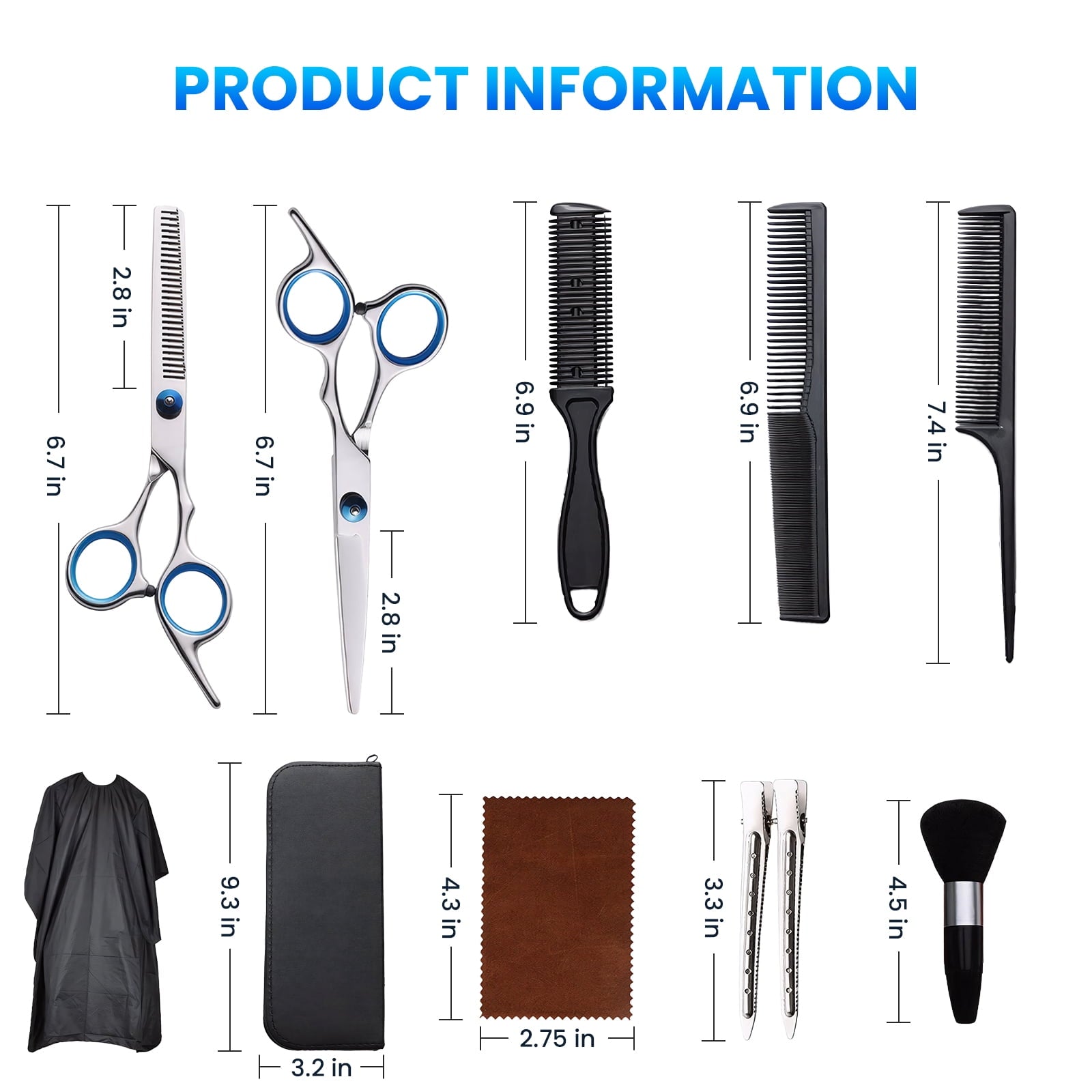 Set - 11 Pcs Professional Stainless Barber dressing Shears Kit with Barber Cape, Kit for Women Men Kids Pet (Silver) - Image 3