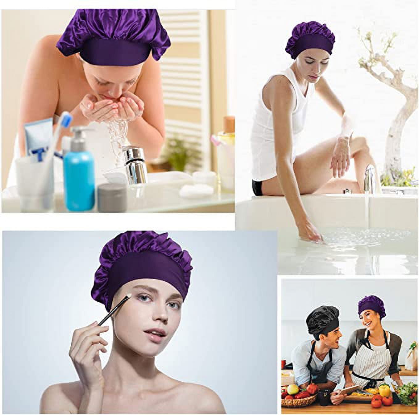 [Pack of 2 Satin Sleeping Bonnet, Large Satin Sleep Bonnet with Long Strap, Adjustable Sleep Cap Hair Bonnet for Women & Men, Black+Purple - Image 5