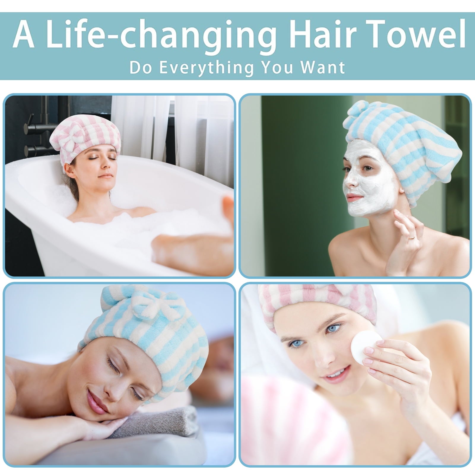 Homelove 2 Pack Microfiber Hair Drying Towels, Super Absorbent Turban Hair Towel Cap, Quick Dry Head wrap with Bow-Knot Shower Cap for for C - Image 5