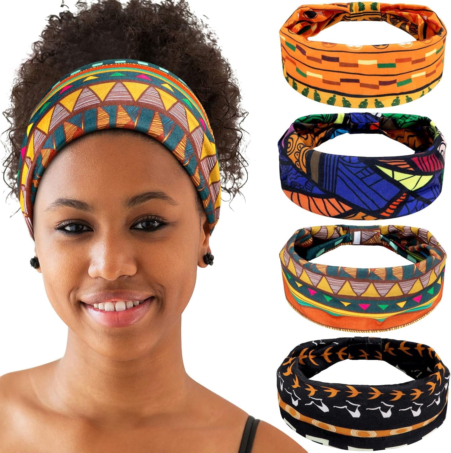 4 Pieces African Headbands Knotted Wide Non Slip Yoga Stretchy Turban Hair Scarfs Workout Printed Headwrap Hair Accessories for Women and Gi