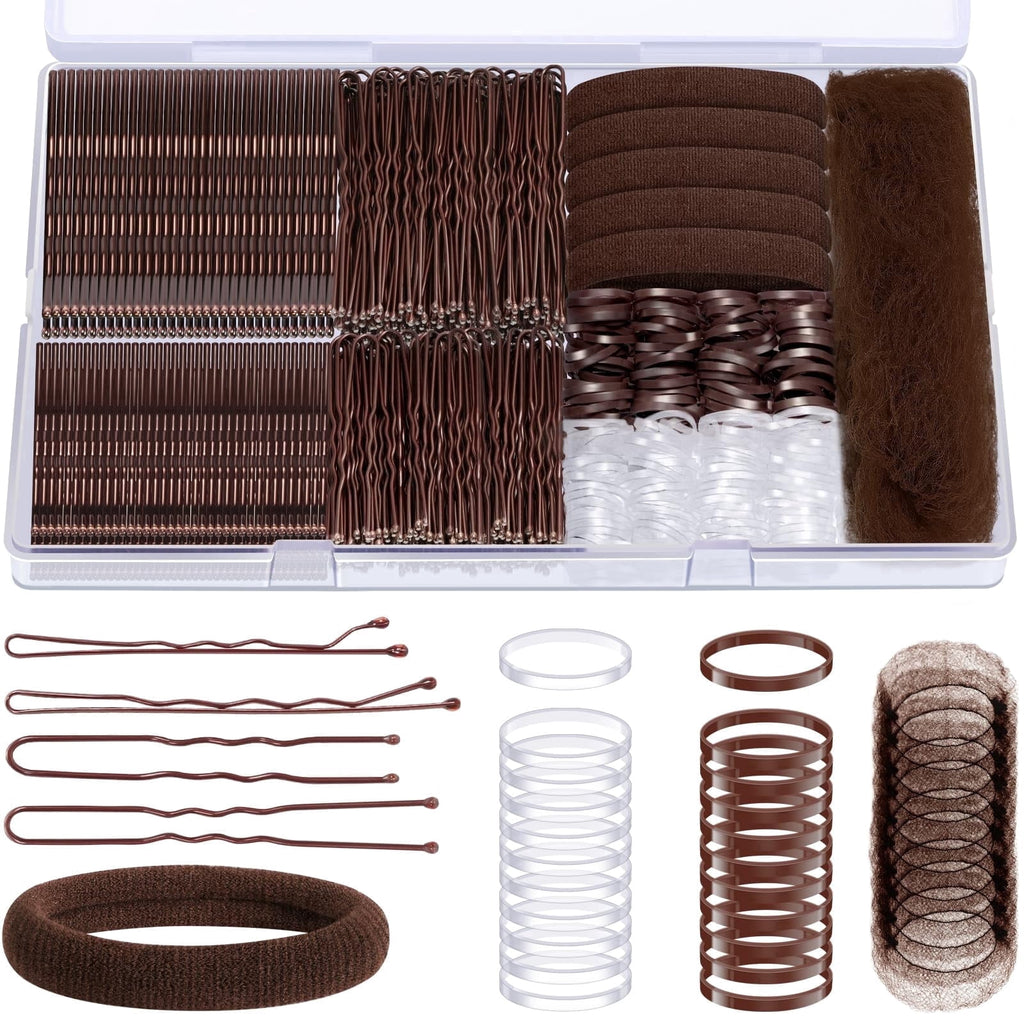 MORGLES 415 Pcs Bobby Pins & Hair Ties Kit, 200 Rubber Bands Brown & Clear 100 Bobby Pins 100 U-Shaped Pins 10 Hair Nets 5 Cotton Ties for B