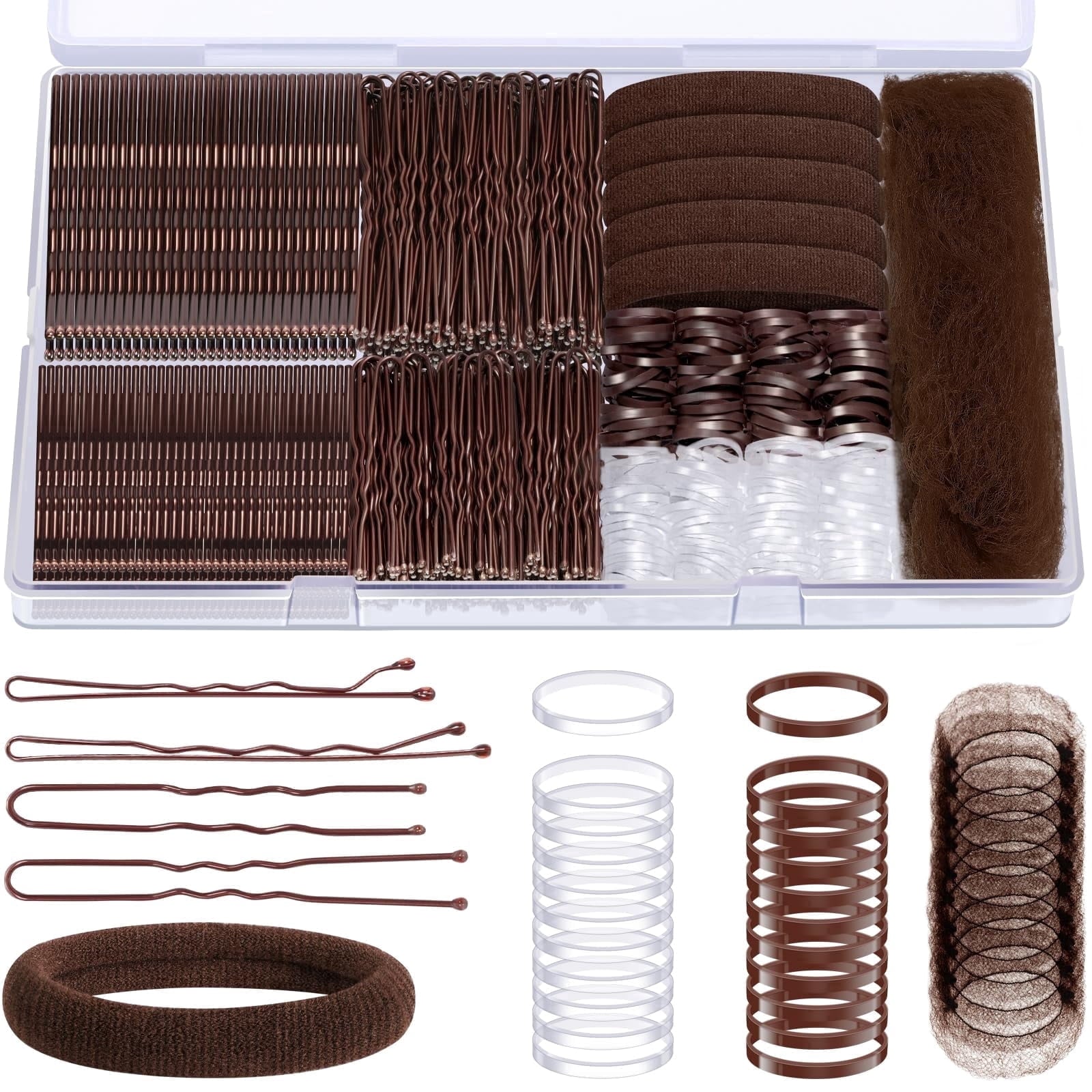 MORGLES 415 Pcs Bobby Pins & Hair Ties Kit, 200 Rubber Bands Brown & Clear 100 Bobby Pins 100 U-Shaped Pins 10 Hair Nets 5 Cotton Ties for B