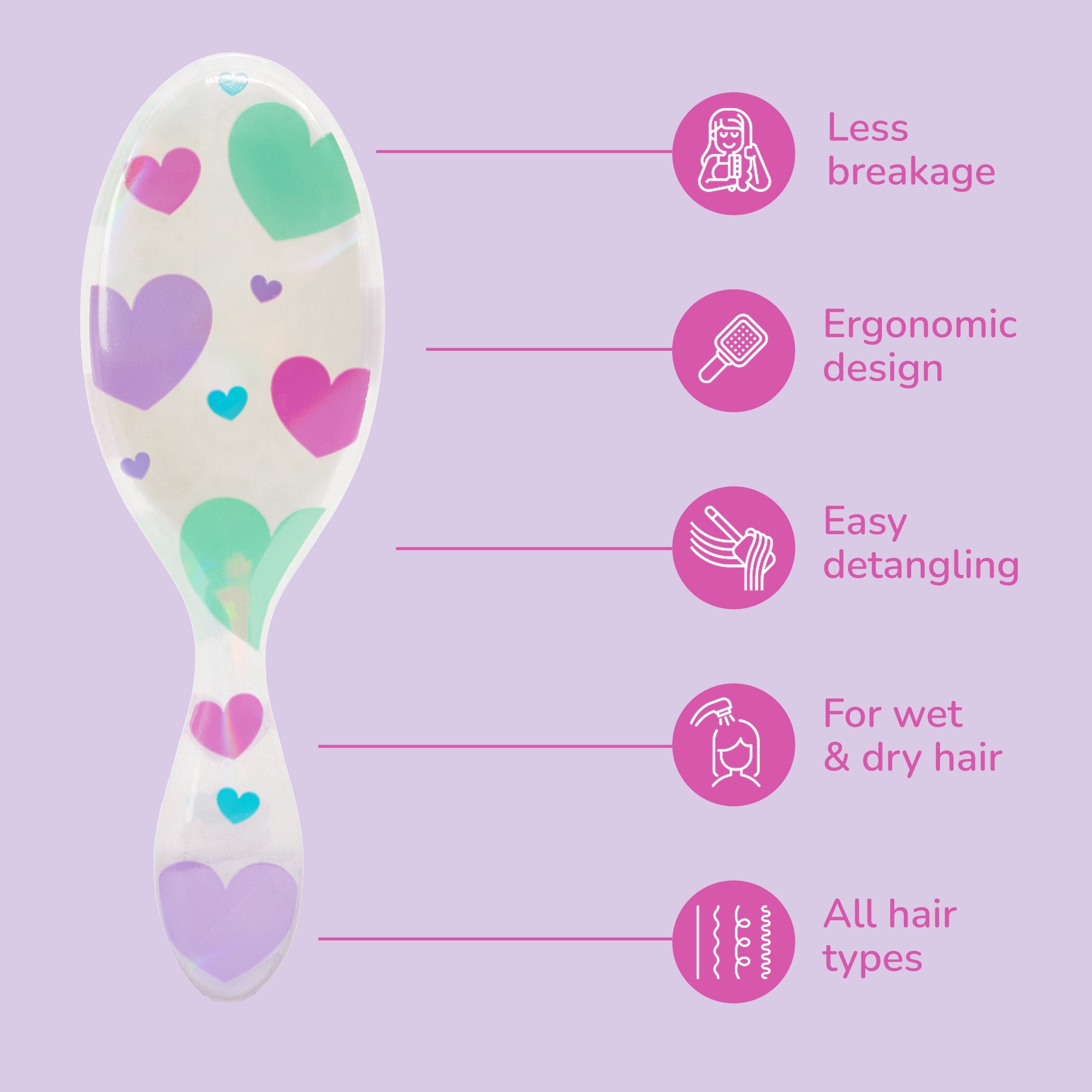 Wet Brush Original Detangler Hair Brush, Midi Size, Glitter Hearts Design, for Wet or Dry Hair - Image 6