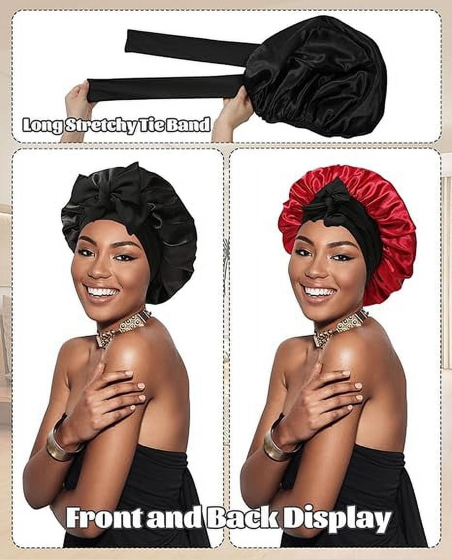 Satin Bonnet Silk Bonnet for Sleeping Silk Sleep Cap Double Layer Hair Bonnet with Elastic Tie Band - Image 2