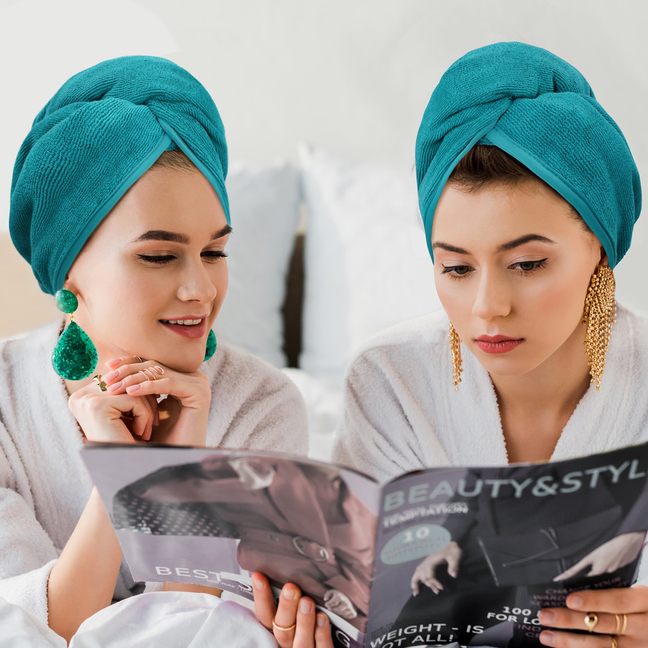 YoulerTex Microfiber Hair Towel Wrap Absorbent for Women Long Hair with Button(Aqua Green) - Image 3