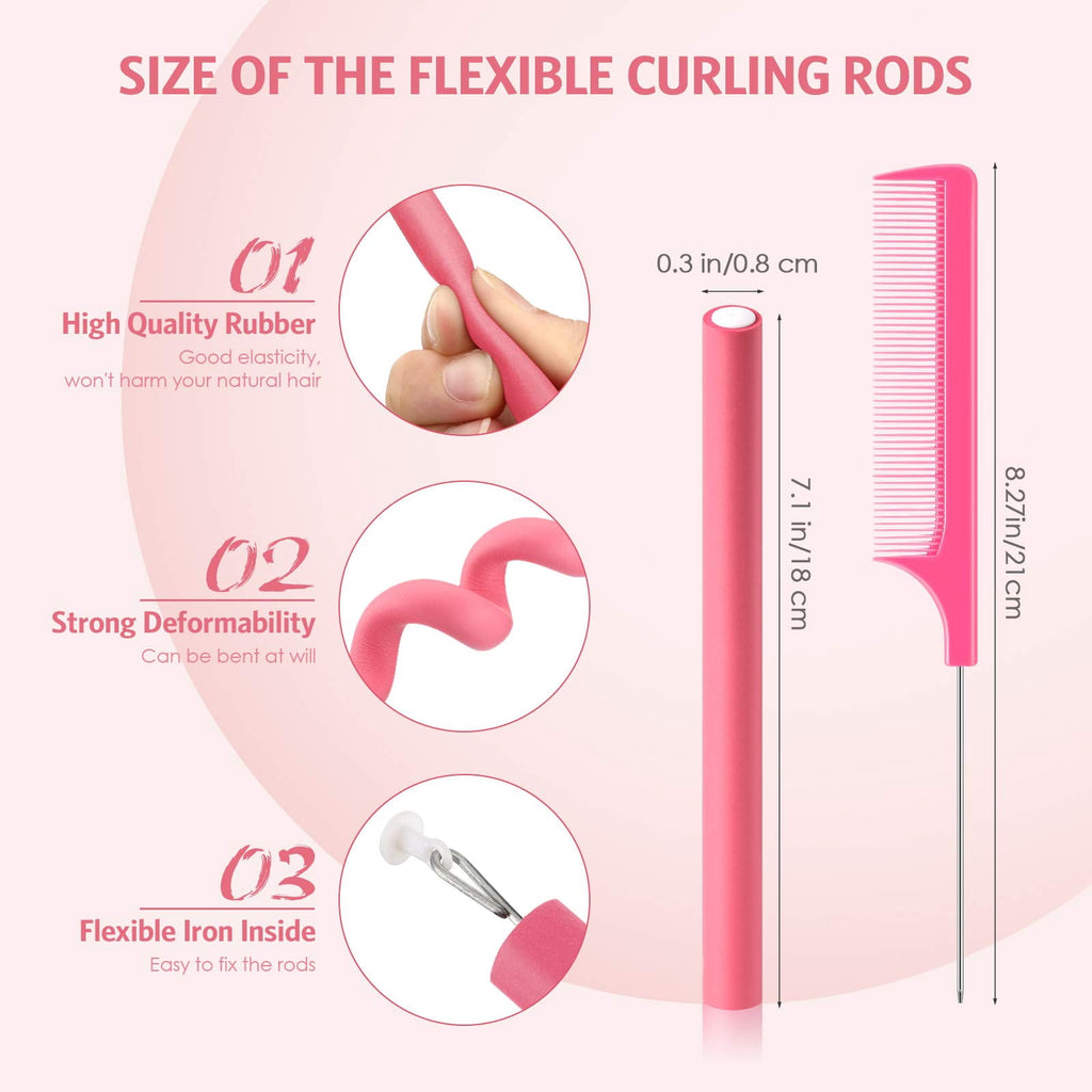 60-Pack Rods, No Heat Hair Curlers Rollers for Long & Short Hair, Twist Flexi Set (Pink, 0.3 x 7 Inch) - Image 2