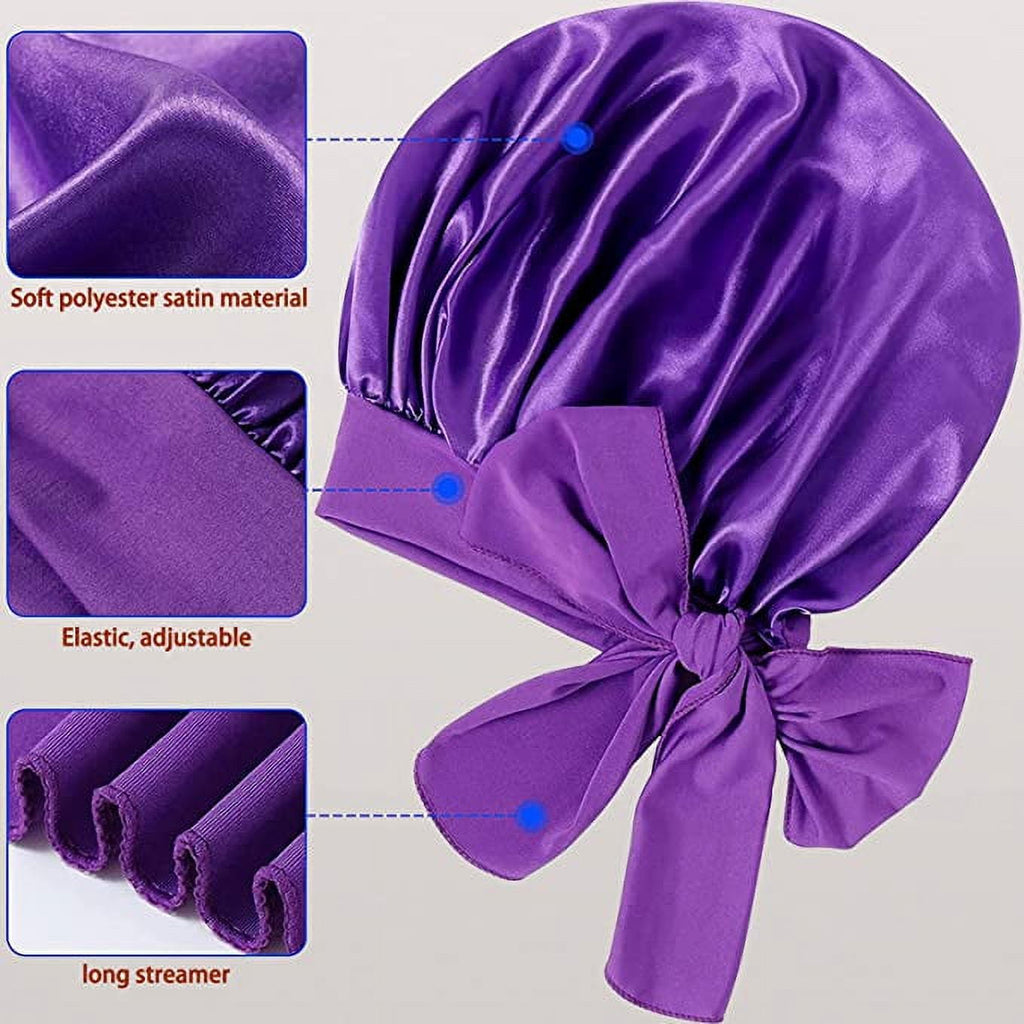 [Pack of 2 Satin Sleeping Bonnet, Large Satin Sleep Bonnet with Long Strap, Adjustable Sleep Cap Hair Bonnet for Women & Men, Black+Purple - Image 2