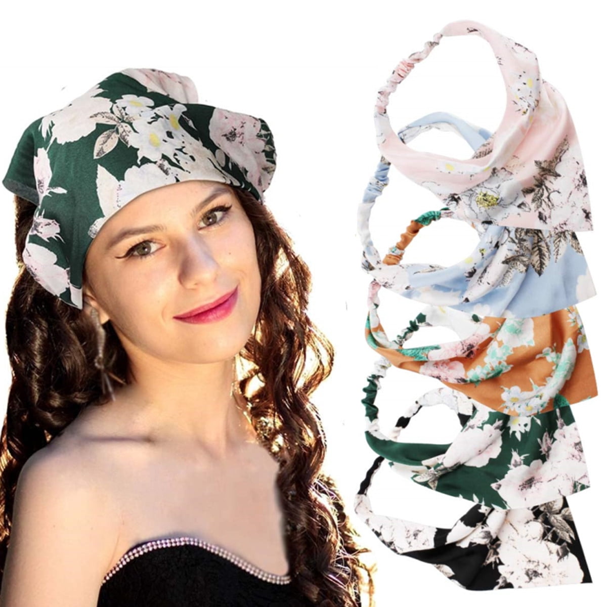 5 Pack Floral Hair Scarf Boho Head Kerchief Elastic Head Bandana Chiffon Triangle Headbands Hair Accessories for Women