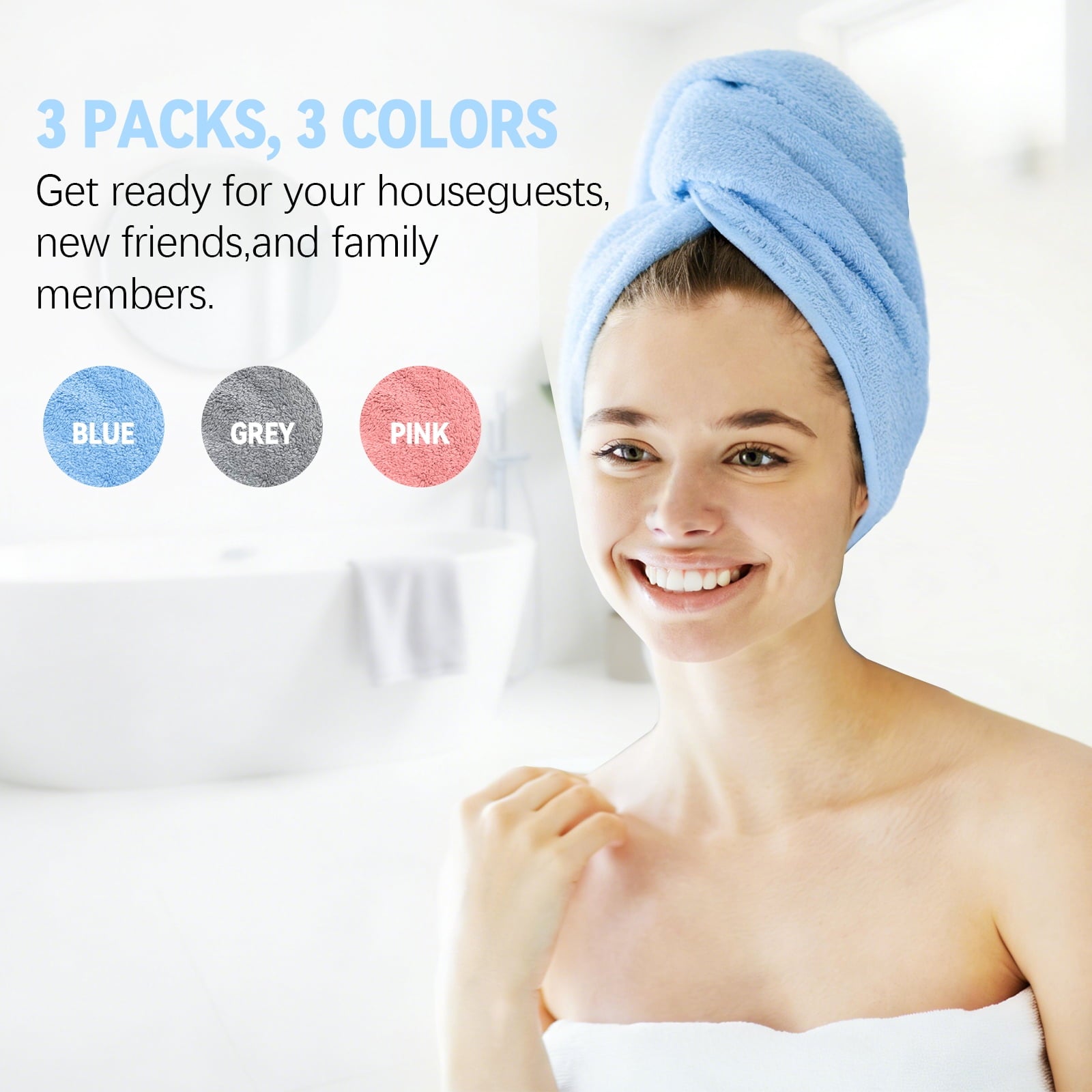 3 Microfiber Hair Towel, Hair Turbans for Wet Hair, Drying Hair Wrap Towels for Curly Hair Women Anti Frizz (Blue,Gre... - Image 3
