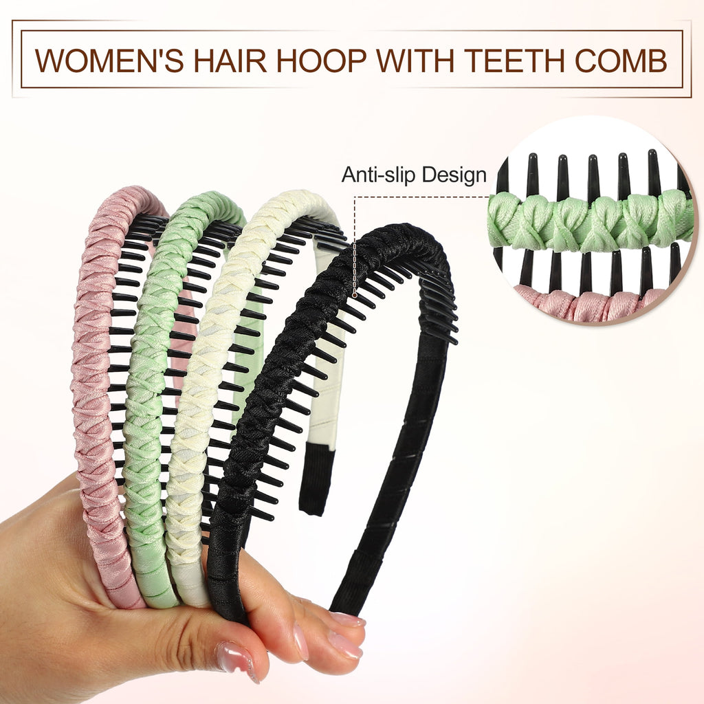 Unique Bargains 4pcs Teeth Comb Headband Tooth Comb Hair Hoop for Women Pink Black Light Green Beige - Image 4