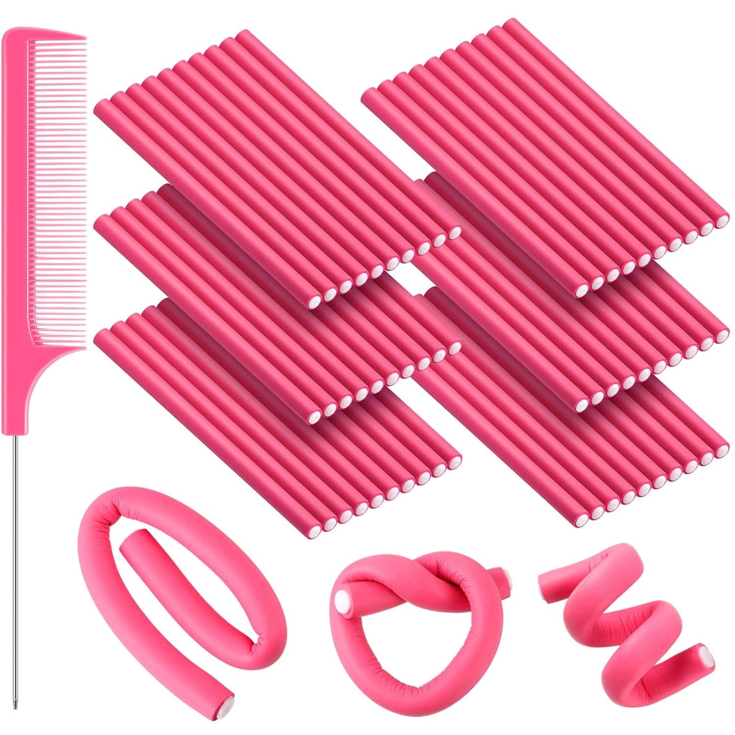 60-Pack Rods, No Heat Hair Curlers Rollers for Long & Short Hair, Twist Flexi Set (Pink, 0.3 x 7 Inch) - Image 6