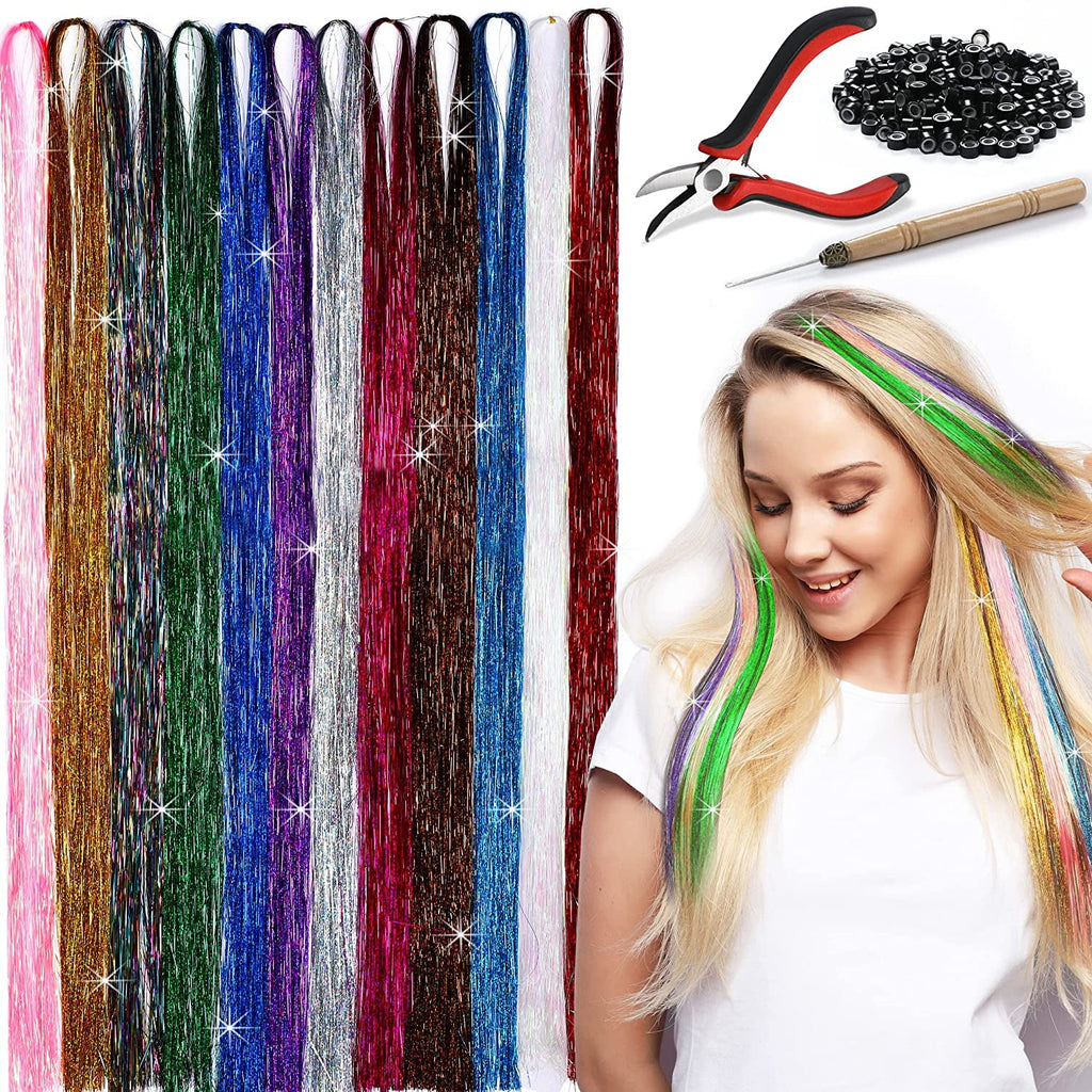 Herbiar Hair Tinsel Kit 12 Colors 47inch 2400 Strands Silver Extensions Women Girls Heat Resistant - Image 6