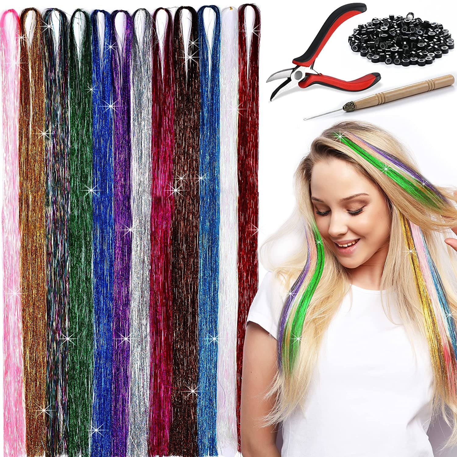 Herbiar Hair Tinsel Kit 12 Colors 47inch 2400 Strands Silver Extensions Women Girls Heat Resistant - Image 6