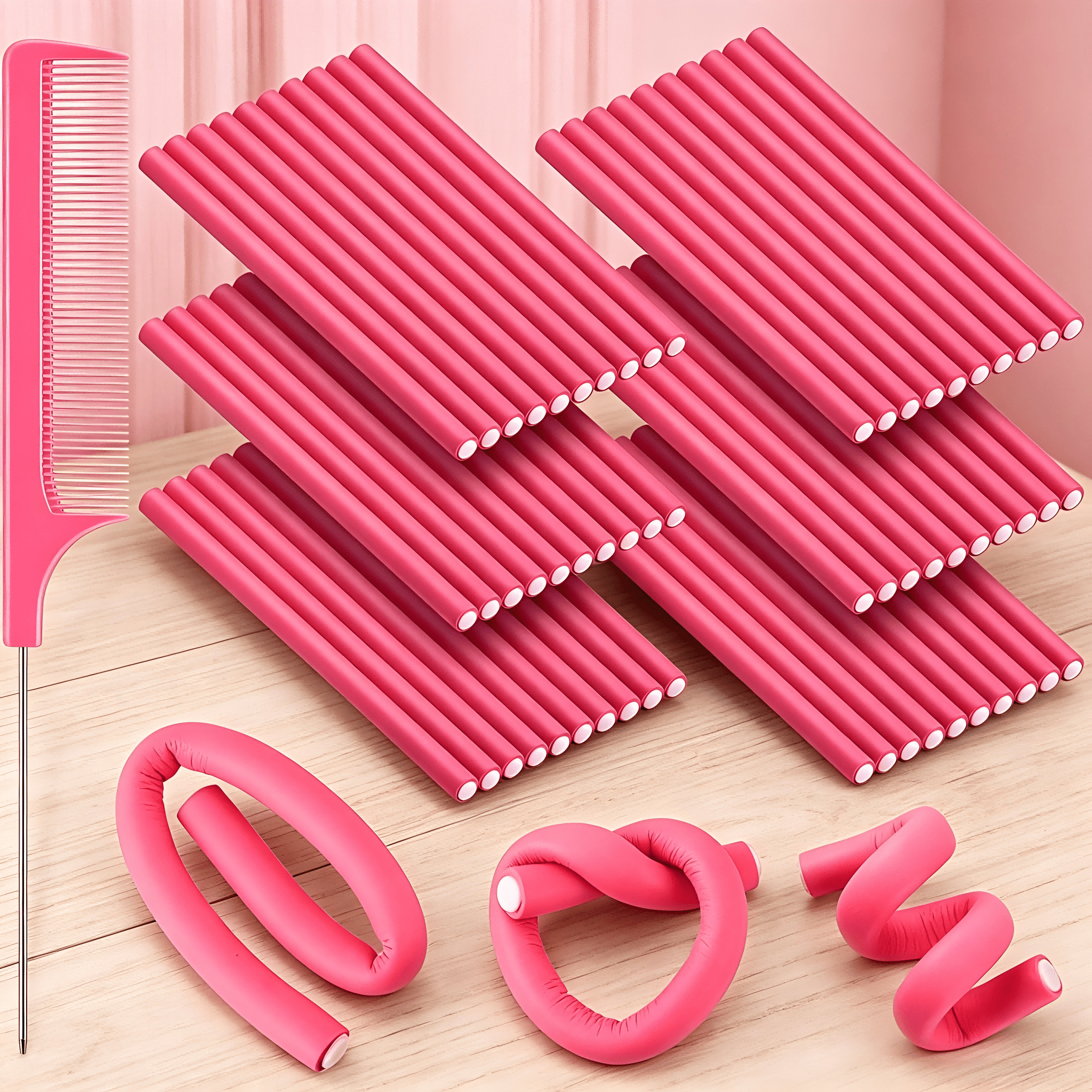 60-Pack Rods, No Heat Hair Curlers Rollers for Long & Short Hair, Twist Flexi Set (Pink, 0.3 x 7 Inch)
