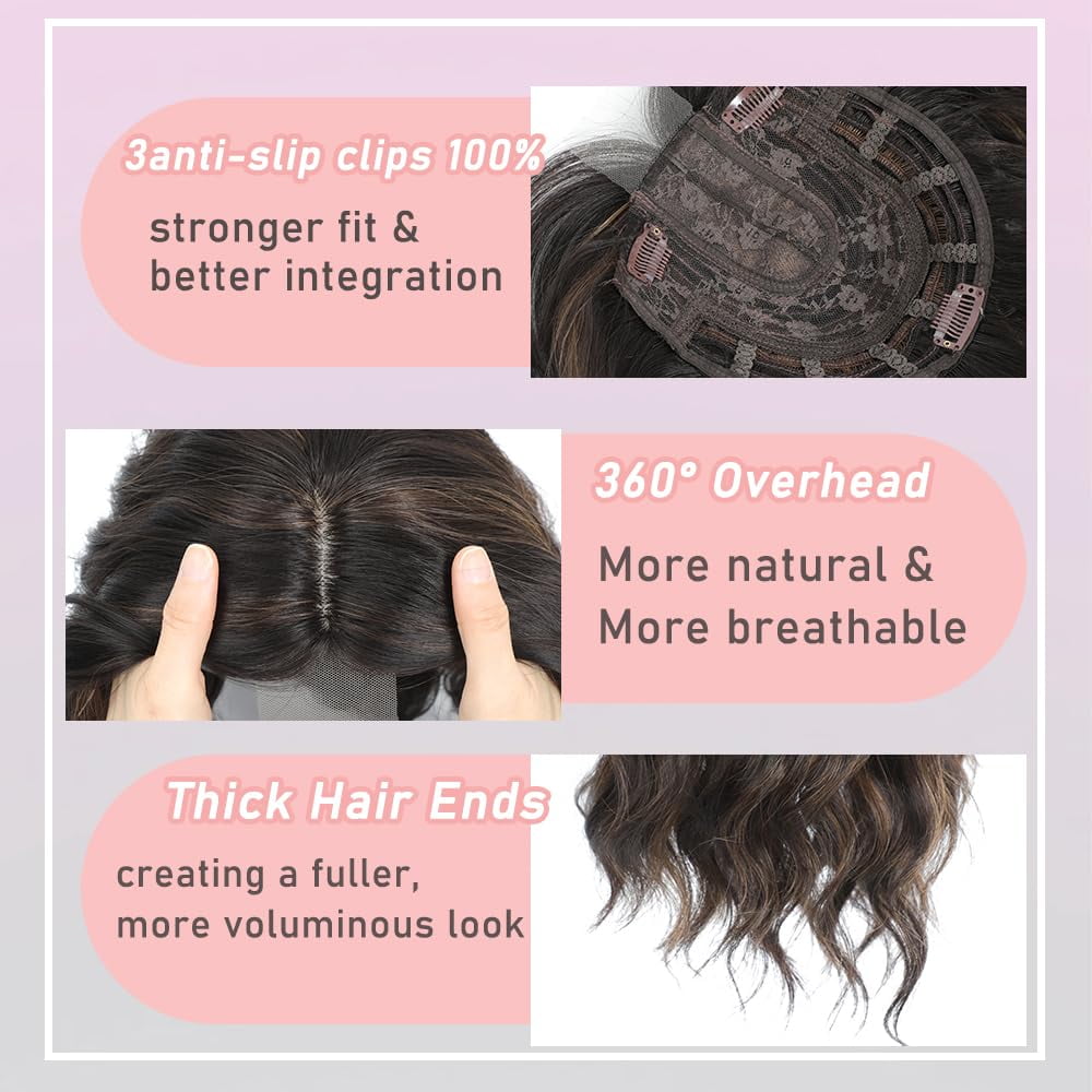 24 Inch Wavy Hair Toppers Long Curly Hair Pieces with 6“ ×6.5” Large Base Central Lace Clip In Hair Extensions for Wo... - Image 4