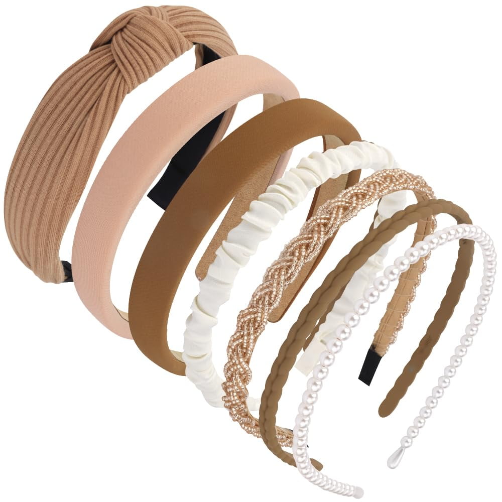 7 Pack Headbands for Women Girls Headbands Trendy Brown Knotted Solid Head Bands Pearl Headband Non Slip Hairbands Cu... - Image 2